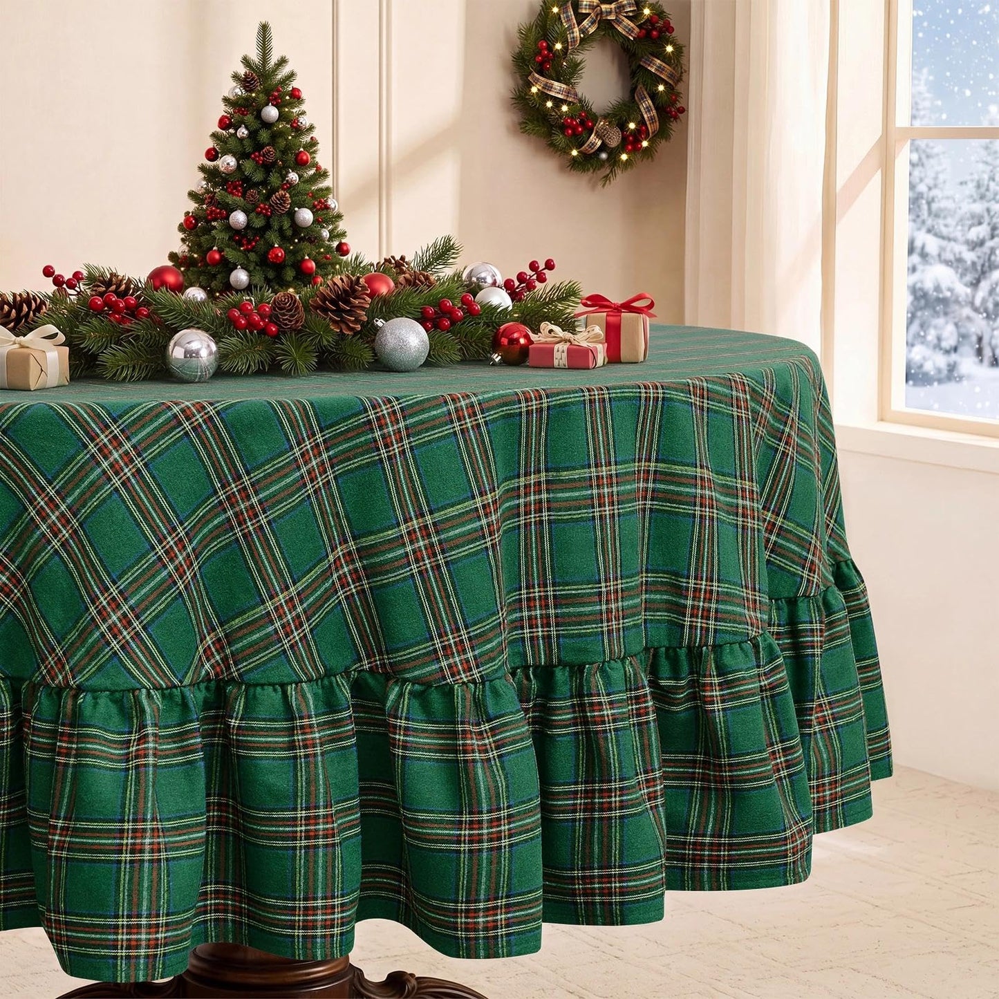 Romanstile Gingham Ruffled Tablecloth Rectangle, 60 x 84 Inch, Sage Green | Waterproof Checkered Table Cloth, Polyester-cotton, Farmhouse Plaid Table Cover for Outdoor, Picnic, Camping, Party