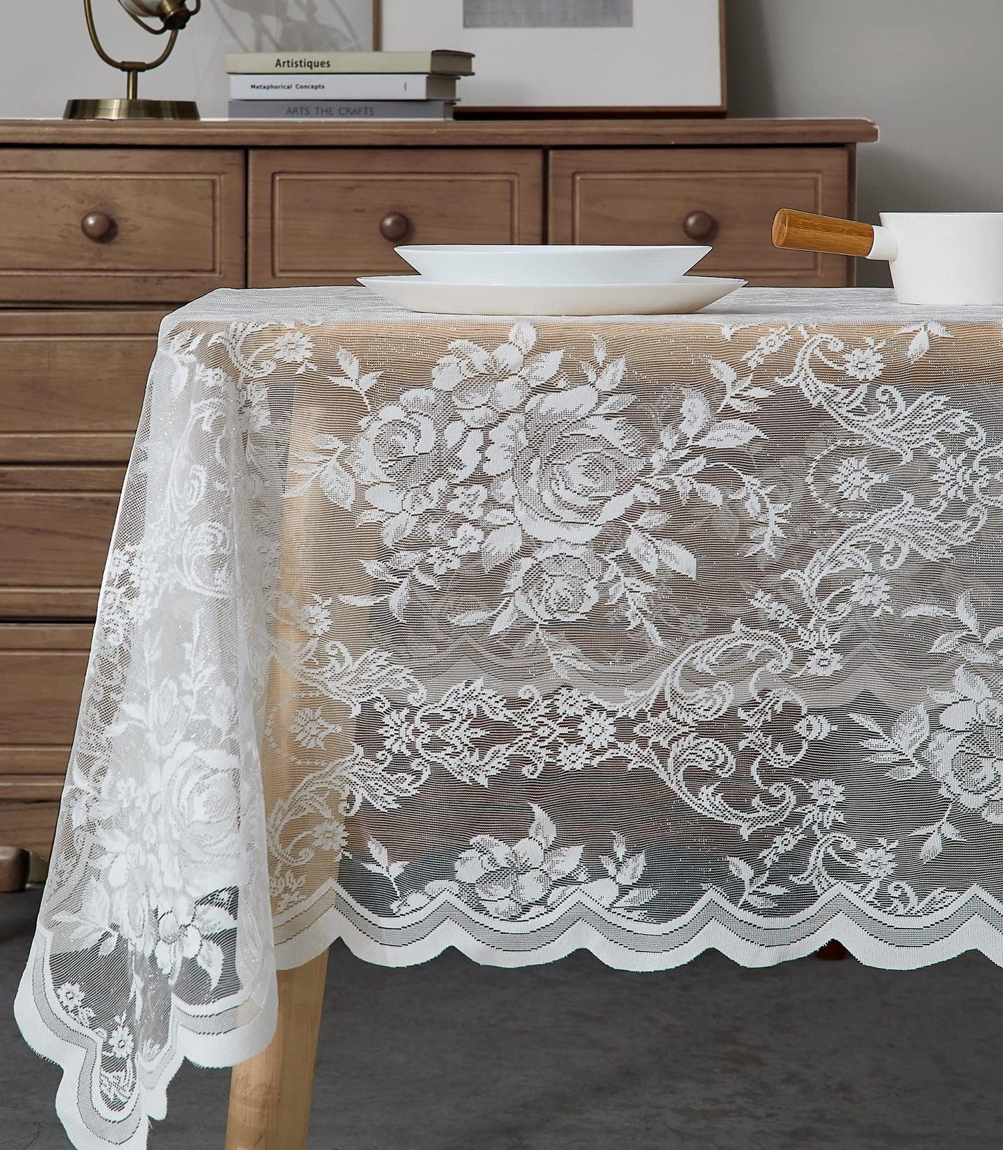 Warm Home Designs 60 x 120 Gold Rectangle Lace Tablecloth. LTC Linen 120 | Golden Rectangle Tablecloth with English Rose Design. Rustic Rectangular Tablecloth or Dining Table Cover for 10-12 Guests.
