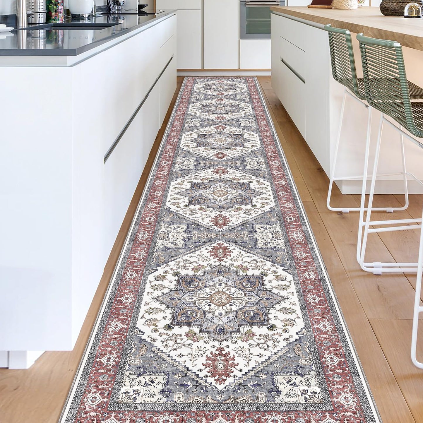 OPPODREAM Soft Area Rugs 5x7, Persian-Inspired Washable Rug, Blue & Gold | Low-Pile Faux Cashmere Surface, TPR Non-Slip Backing, 5 x 7 Carpet for Bedroom, Office, Dorm, Dining Room
