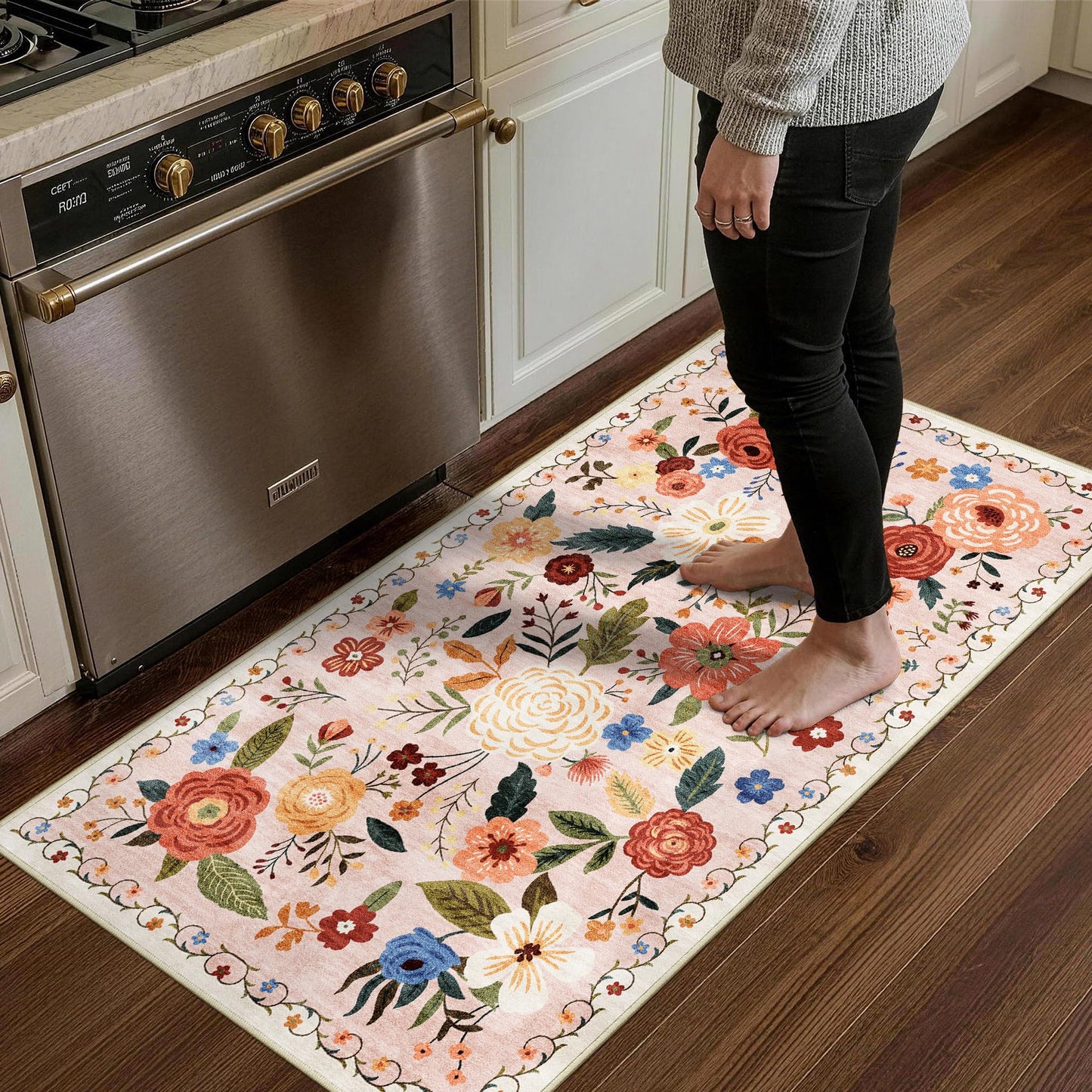5x7 Washable Area Rug Green Boho Floral for Living Room Bedroom Nursery | Carpet for Dining Room, Soft Low-Pile Non-Slip Faux Wool, Farmhouse Indoor, Kid & Pet Friendly, Stain, Fade & Wear Resistant