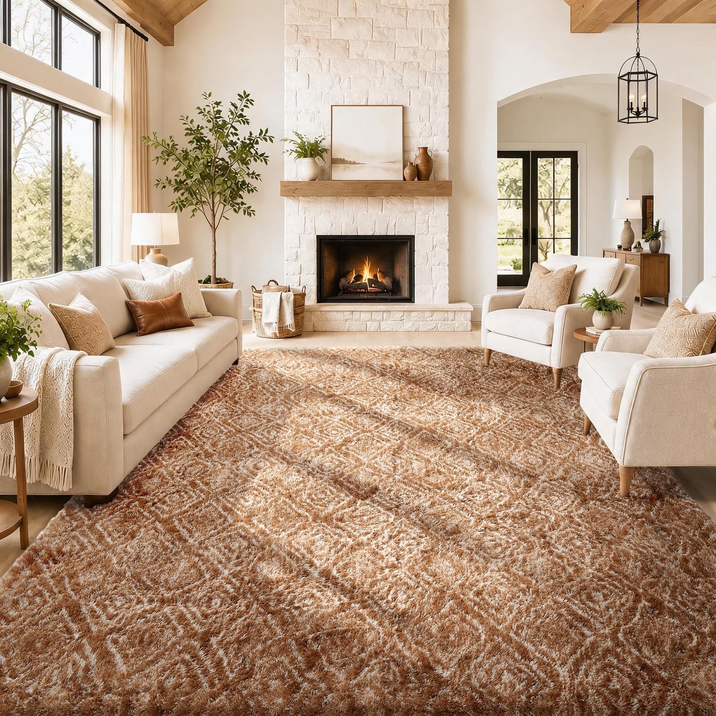 Ophanie 8x10 Area Rugs for Living Room, Washable Non-Slip Fluffy Soft Large Shag Bedroom Carpet, Ivory Big Indoor Nursery Rug, Carpets for Boy and Girls Room Dorm Decor with Over 99 pcs Pile fibers