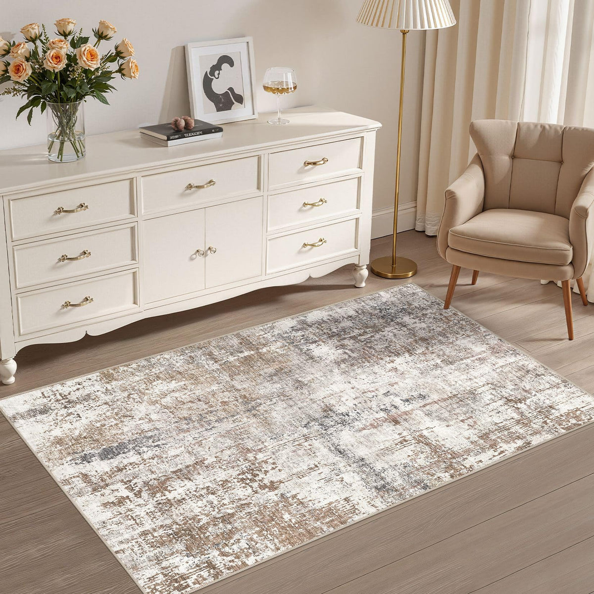 UERMEI 8x10 Area Rug Living Room Rugs - Washable Neutral Modern Abstract Soft Thin Large Rug Indoor Floor No Slip Rug Carpet for Bedroom Under Dining Table Home Office Decor - Brown Grey