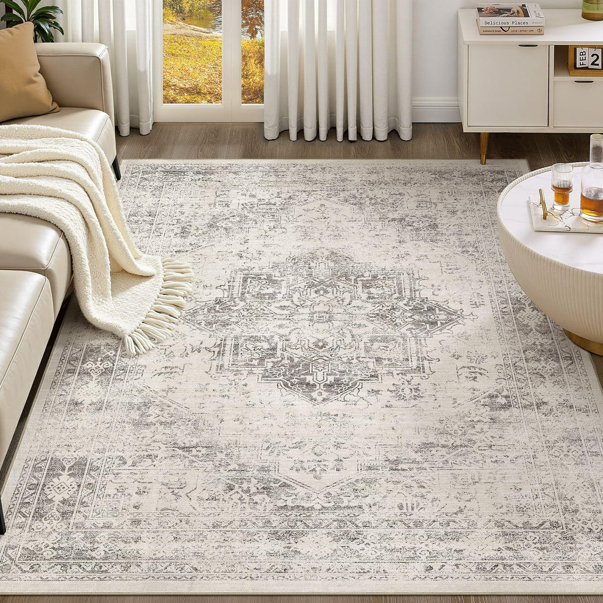 UERMEI 8x10 Area Rug Living Room Rugs - Washable Neutral Modern Abstract Soft Thin Large Rug Indoor Floor No Slip Rug Carpet for Bedroom Under Dining Table Home Office Decor - Brown Grey