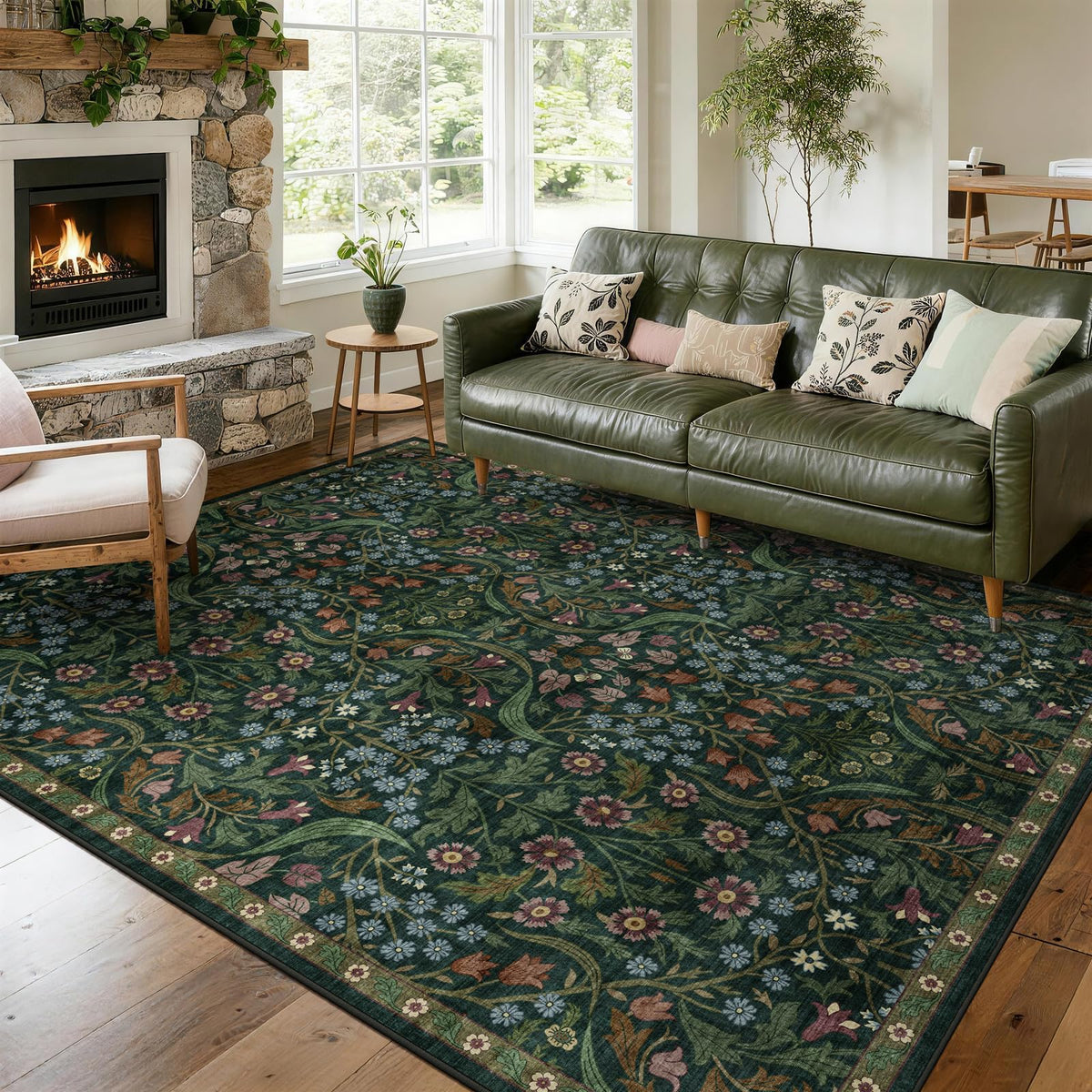 5x7 Washable Area Rug Green Boho Floral for Living Room Bedroom Nursery | Carpet for Dining Room, Soft Low-Pile Non-Slip Faux Wool, Farmhouse Indoor, Kid & Pet Friendly, Stain, Fade & Wear Resistant