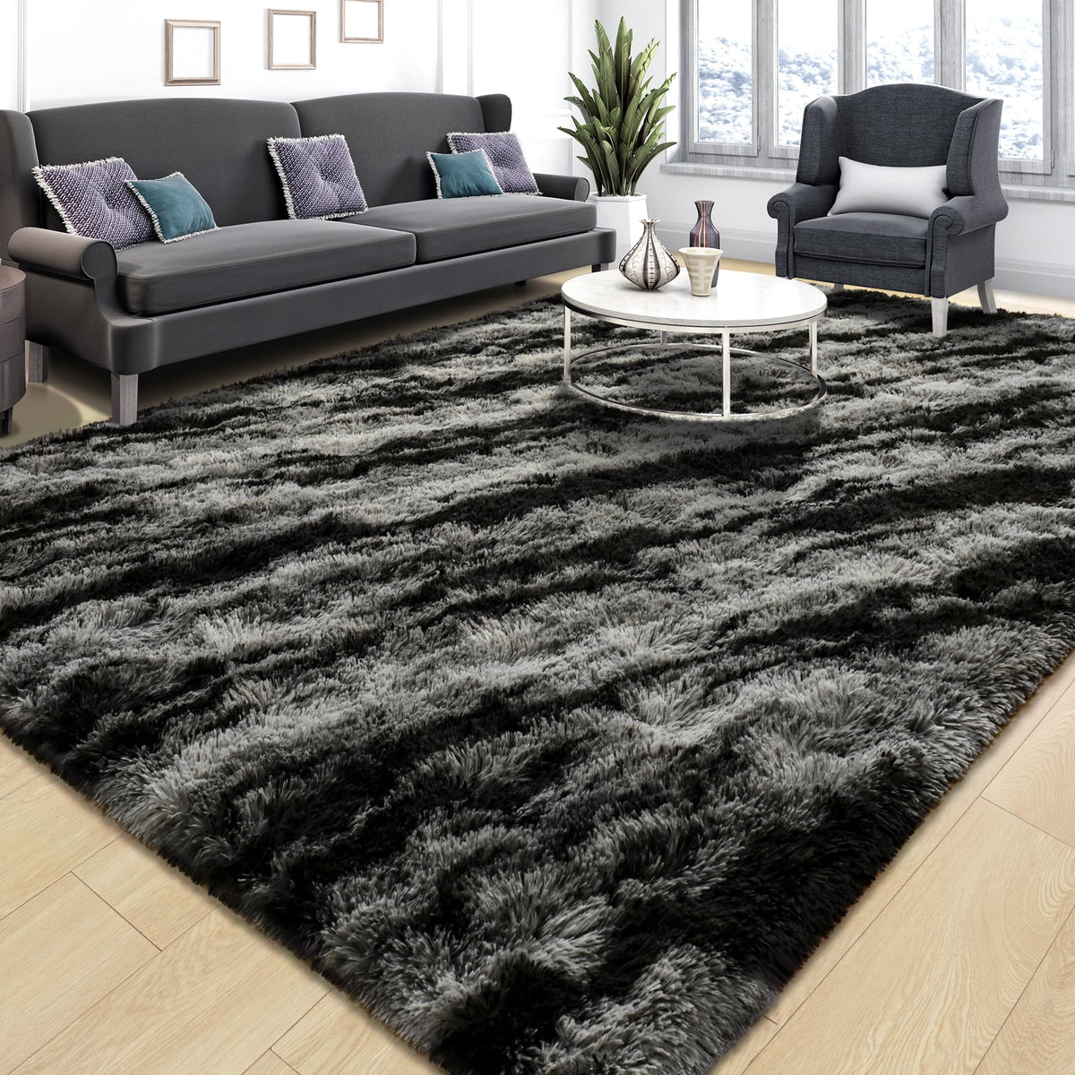 Area Rugs 9x12 for Living Room, Super Soft Fluffy Rugs for Bedroom | Modern Shaggy Rug Fuzzy Carpets for Kids, Plush Indoor Nursery Home Decor Rug with Non-Slip Bottom, Black