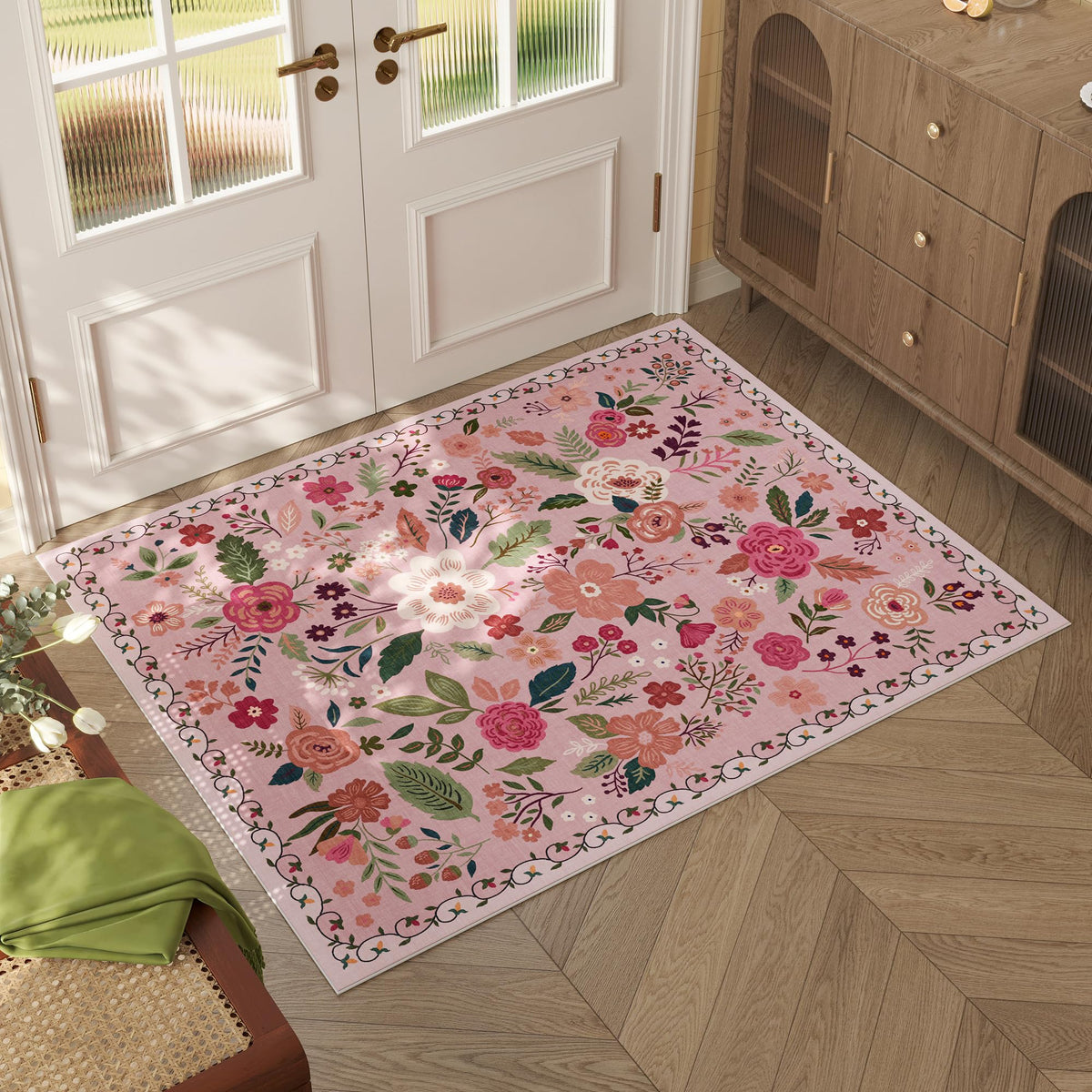 Rugcomf Living Room Rug 5x7 Rug Machine Washable Boho Area Rug Non Slip Floral Vintage Low Pile Large Rugs for Living Room, Bedroom, Farmhouse, Dining Room, Kids Playroom(Black)