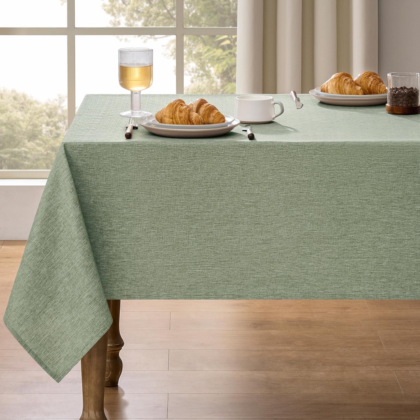 Decorelia Faux Linen Round Tablecloths 60 inch, Waterproof Decorative Washable Texture Rustic Circle Table Cloth Cover for Dining Kitchen Party Farmhouse Outdoor(Round (2-4 Seats),Sage Green)