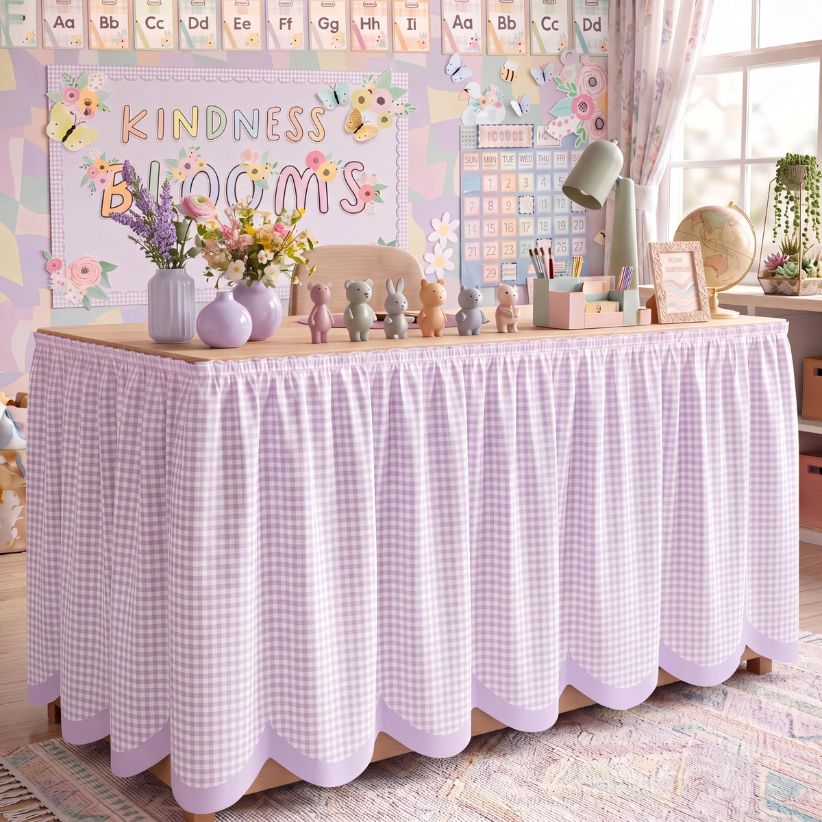 Teacher Desk Skirt 6 ft Pastel Checkered Classroom Decor | Ruffled Table Cover for Teacher Desk, Fits Kindergarten Office Decor, Back to School Classroom Supplies