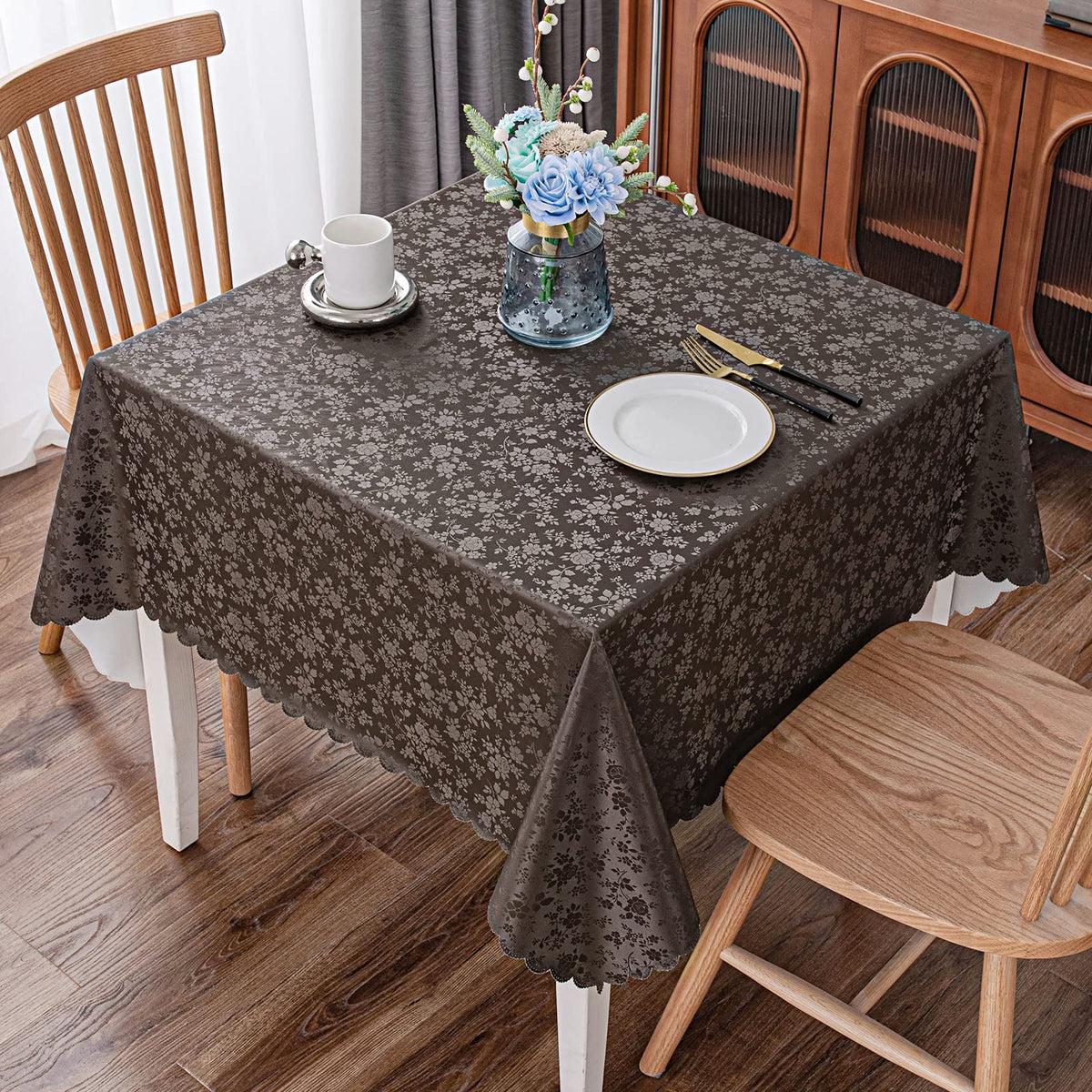 Smiry Rectangle Waterproof Heavy Duty Vinyl Tablecloths, 60 x 84 Inch | Wipeable Washable Floral Embossed Table Cover for Kitchen and Dining Room, Indoor & Outdoor Use, Beige