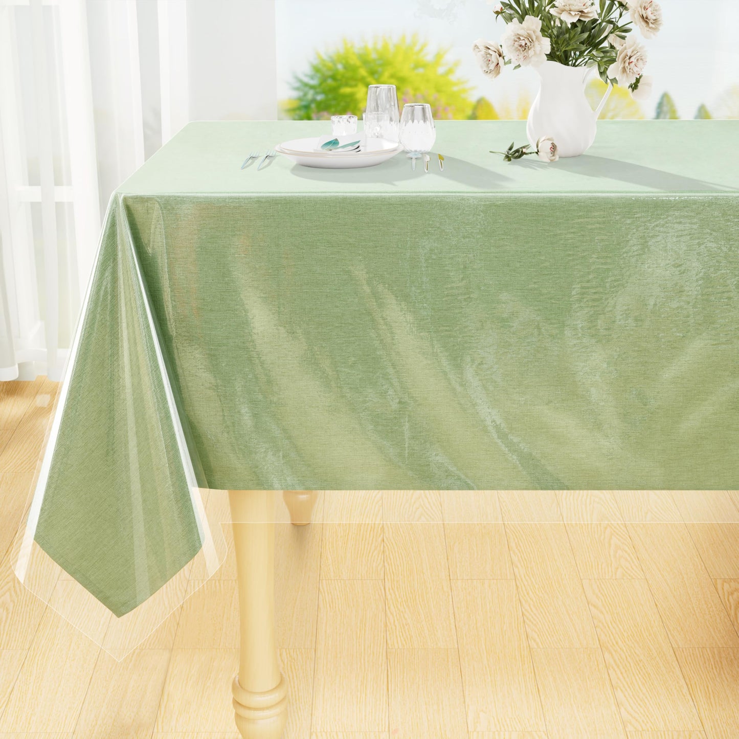 Smiry Rectangle Table Cloth 60x84 Inch, Waterproof Wipeable Vinyl Tablecloths Protector, Oil Spill Proof Plastic Table Cover for Dining, Picnic, Camping, Outdoor, Beige