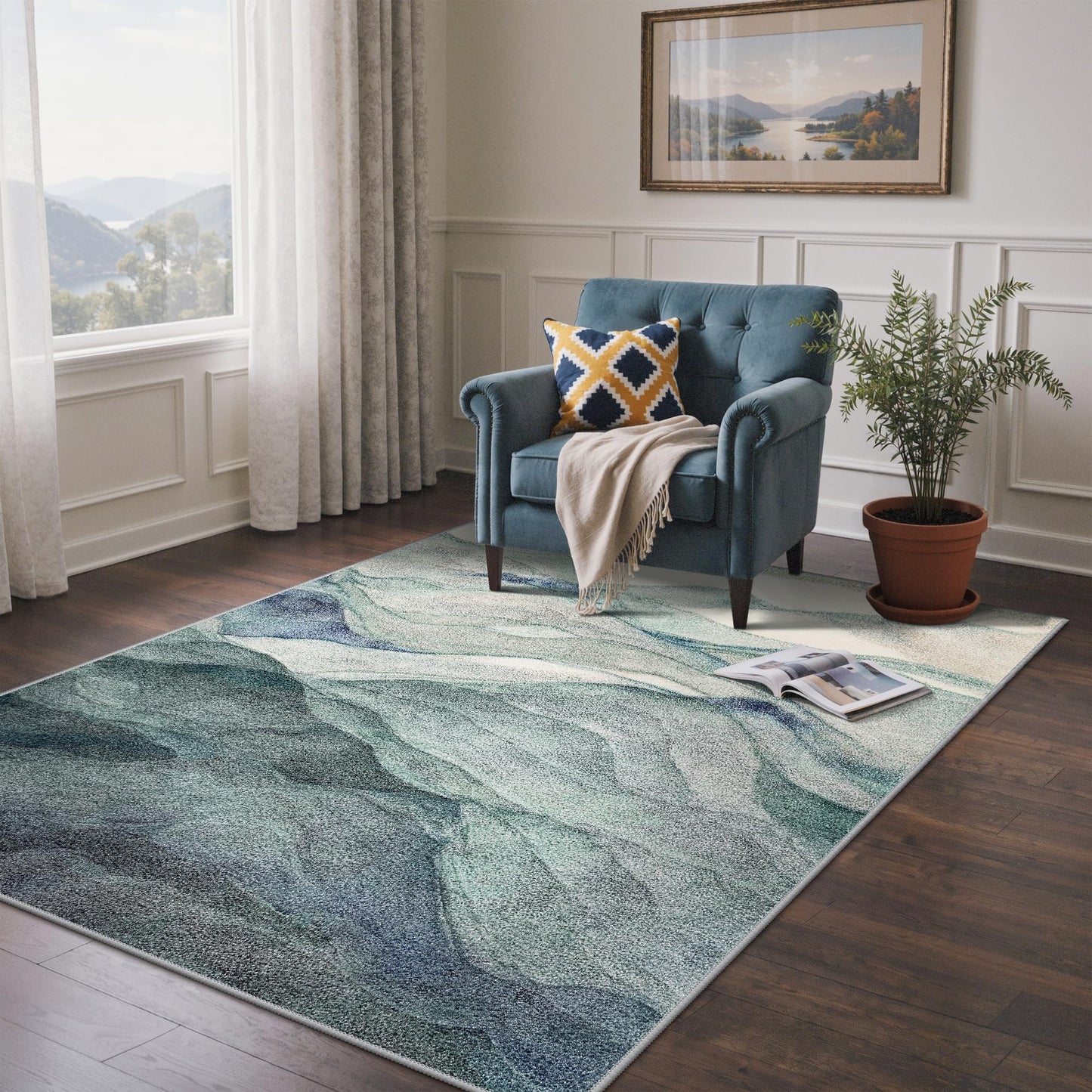 BEIMO 5x7 Green Abstract Area Rug, Washable Non-Slip for Bedroom | Soft Low-Pile Carpet, Lightweight and Easy to Vacuum, Sage Living Rooms, Dining Rooms, Bedrooms, and Home Offices