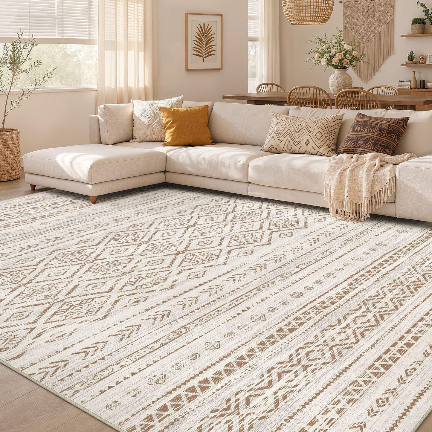 Nakagishi Boho 5x7 Area Rug Living Room Rugs Machine Washable Beige/Brown | Soft, Pet & Kid Friendly, Carpet for Living Room/Bedroom/Office/Kitchen/Nursery, Daily Home Decor Stain Resistant Moroccan