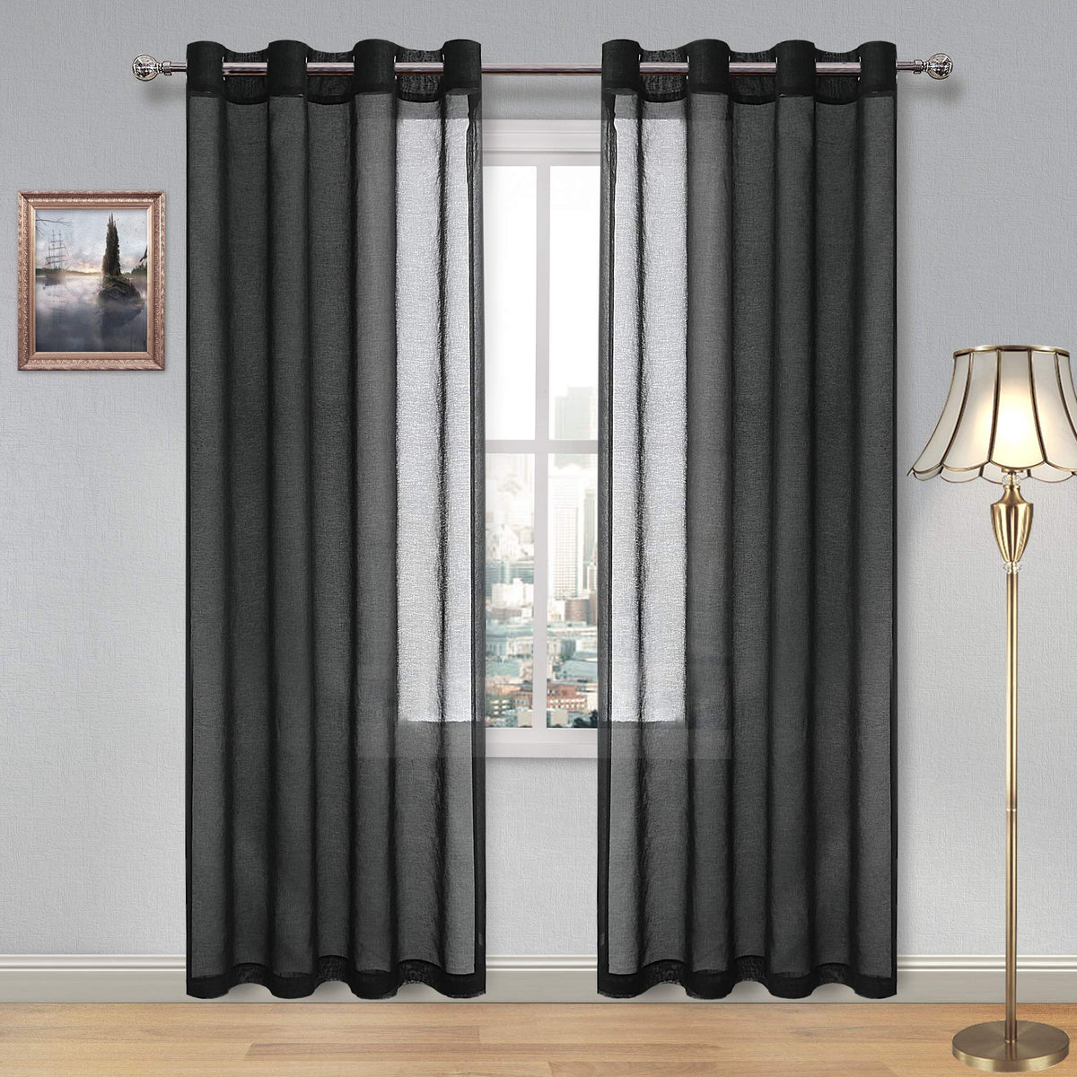 DWCN White Sheer Curtains Linen Look Semi Transparent Voile Grommet White Curtains for Living Dining Room Drapes 52 x 84 Inch Long, Set of 2 Panels