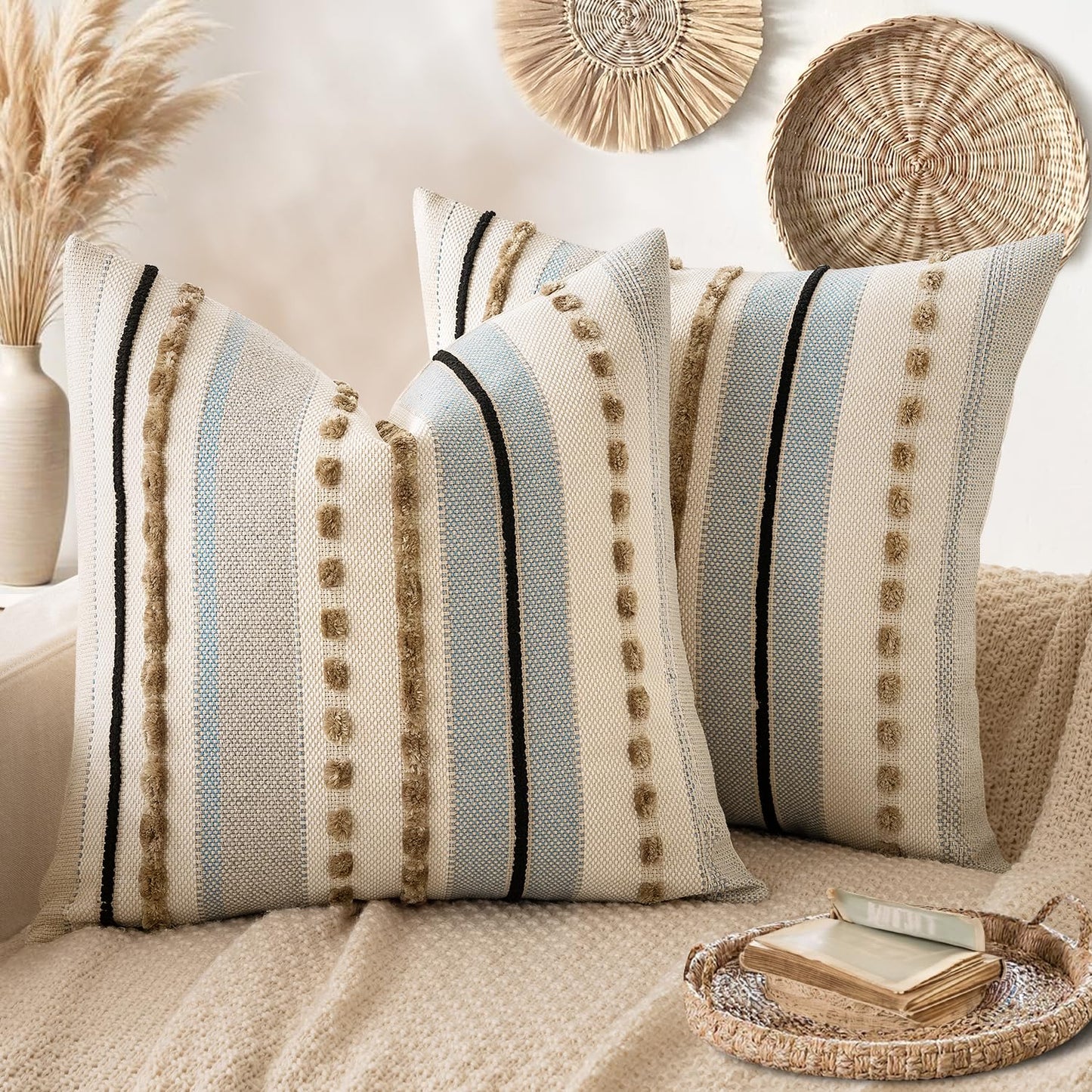 ANRODUO Boho Decorative Pillow Covers Olive Green Stripe 18x18 Pack of 2 | Throw Pillow Covers, Farmhouse Cushion Case, Chenille Pillow Cases, Pillow Covers, Accent Neutral Pillowcase for Couch Bed