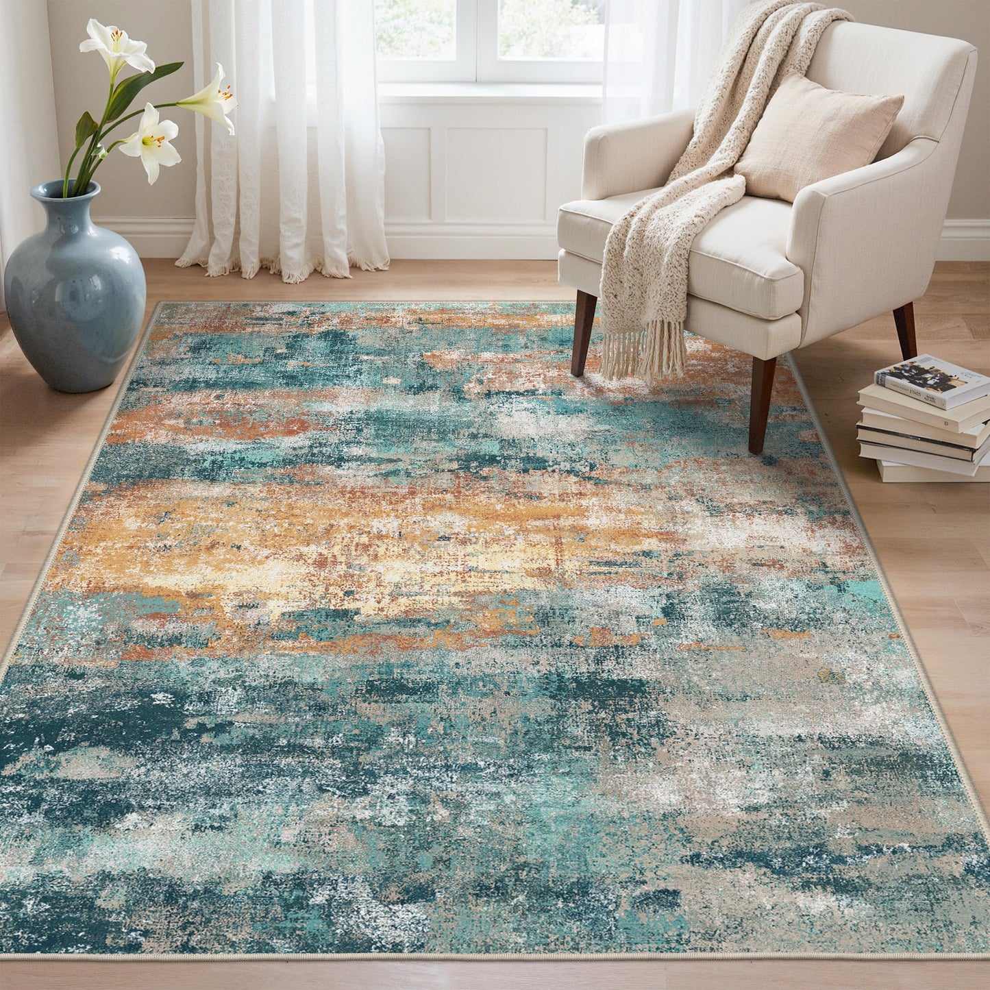 BEIMO 5x7 Green Abstract Area Rug, Washable Non-Slip for Bedroom | Soft Low-Pile Carpet, Lightweight and Easy to Vacuum, Sage Living Rooms, Dining Rooms, Bedrooms, and Home Offices