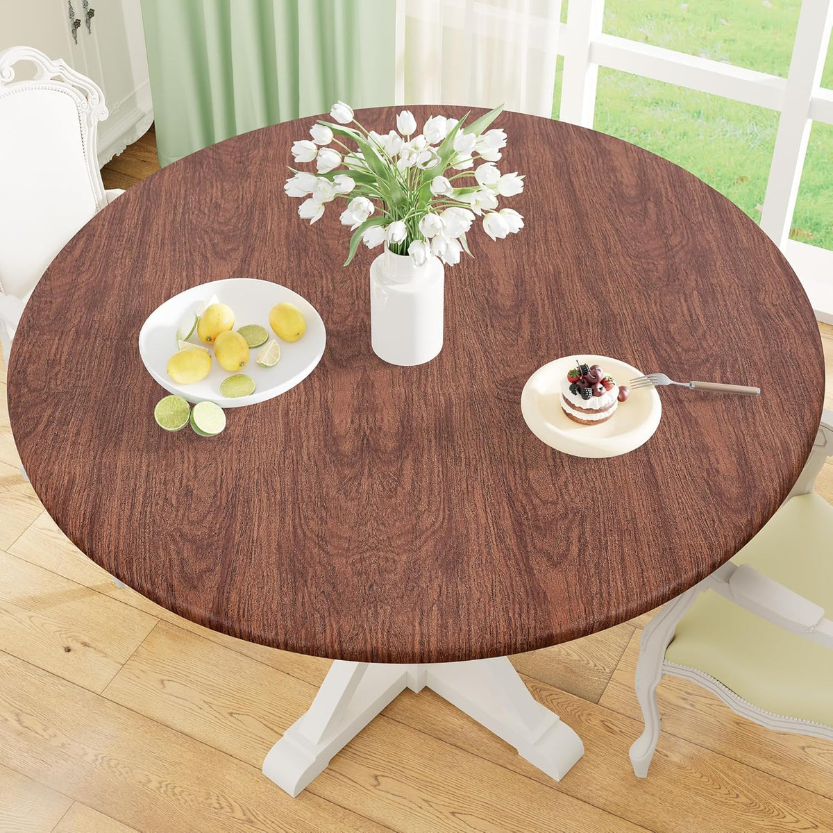Round Fitted Tablecloth with Elastic Edge, 100% Waterproof Oil Proof Plastic Table Cover, Vinyl Flannel Backed Tablecloth Fits 36"-44" Round Tables for Dinner, Outdoor, Picnic, Oak Wooden Grain