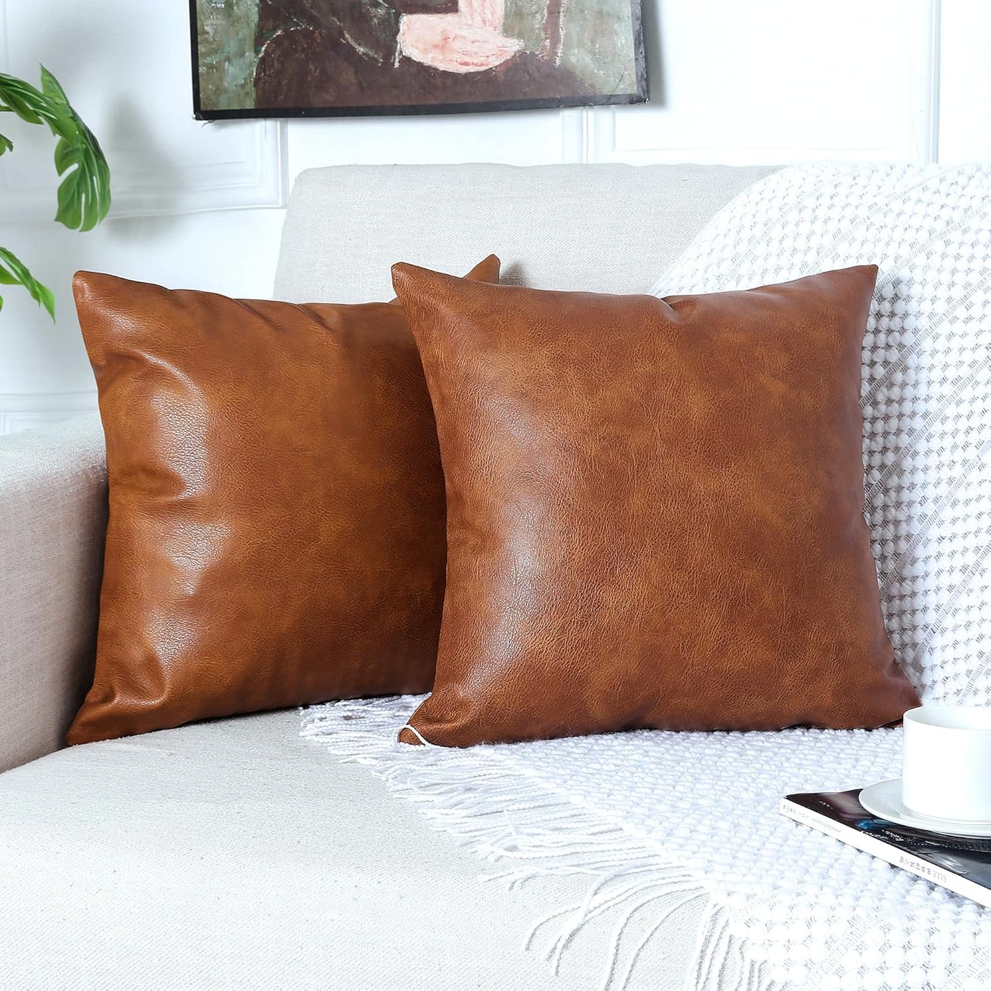 PANOD Pack of 2 Premium Faux Leather Throw Pillow Covers, Modern Luxury Decorative Lumbar Throw Pillow Case Cushion Cases for Farmhouse Sofa Couch Bed Car Outdoor,12x20 inch Brown