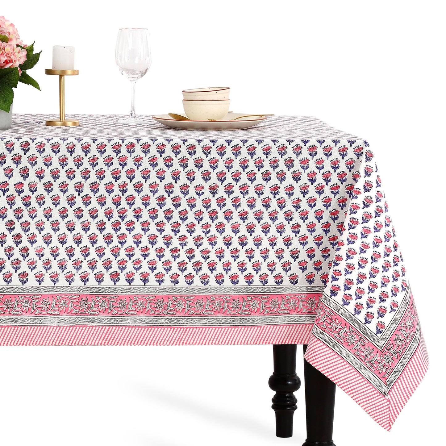 CPC Tablecloth 100% Cotton 70x108 Inch Indian Block Print Rectangle Table Cover, Blue Table Cloth for Weddings, Spring/Summer, Barbeque - Apatite Blue