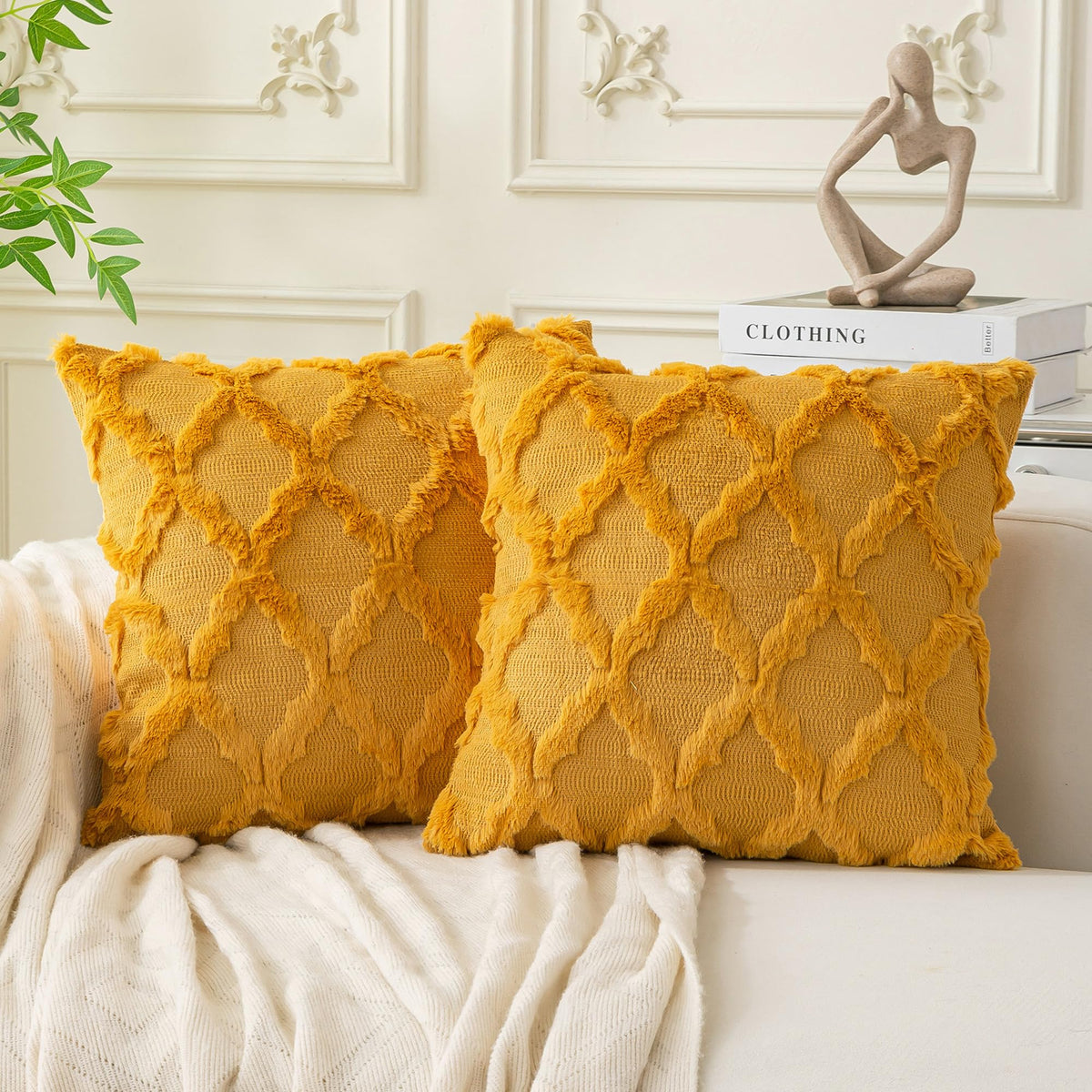 Set of 2 Soft Moroccan Throw Pillow Covers 18x18 Inch Plush Boho Decorative Pillow Cover Accent Cushion Case for Couch Sofa Bed, Beige