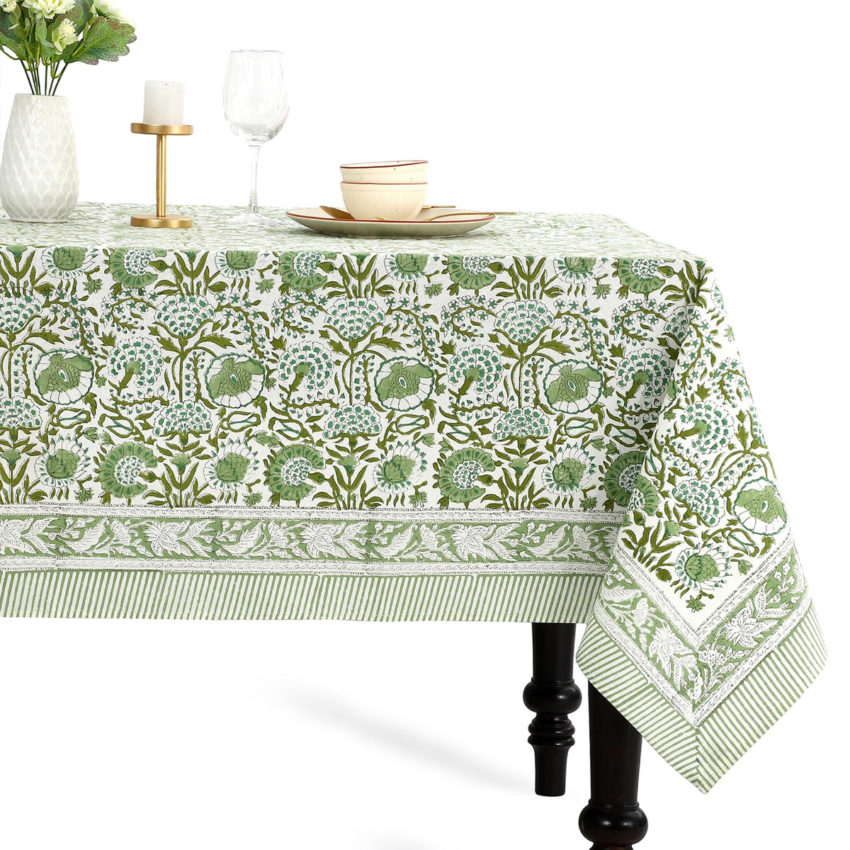 CPC Tablecloth 100% Cotton 70x108 Inch Indian Block Print Rectangle Table Cover, Blue Table Cloth for Weddings, Spring/Summer, Barbeque - Apatite Blue