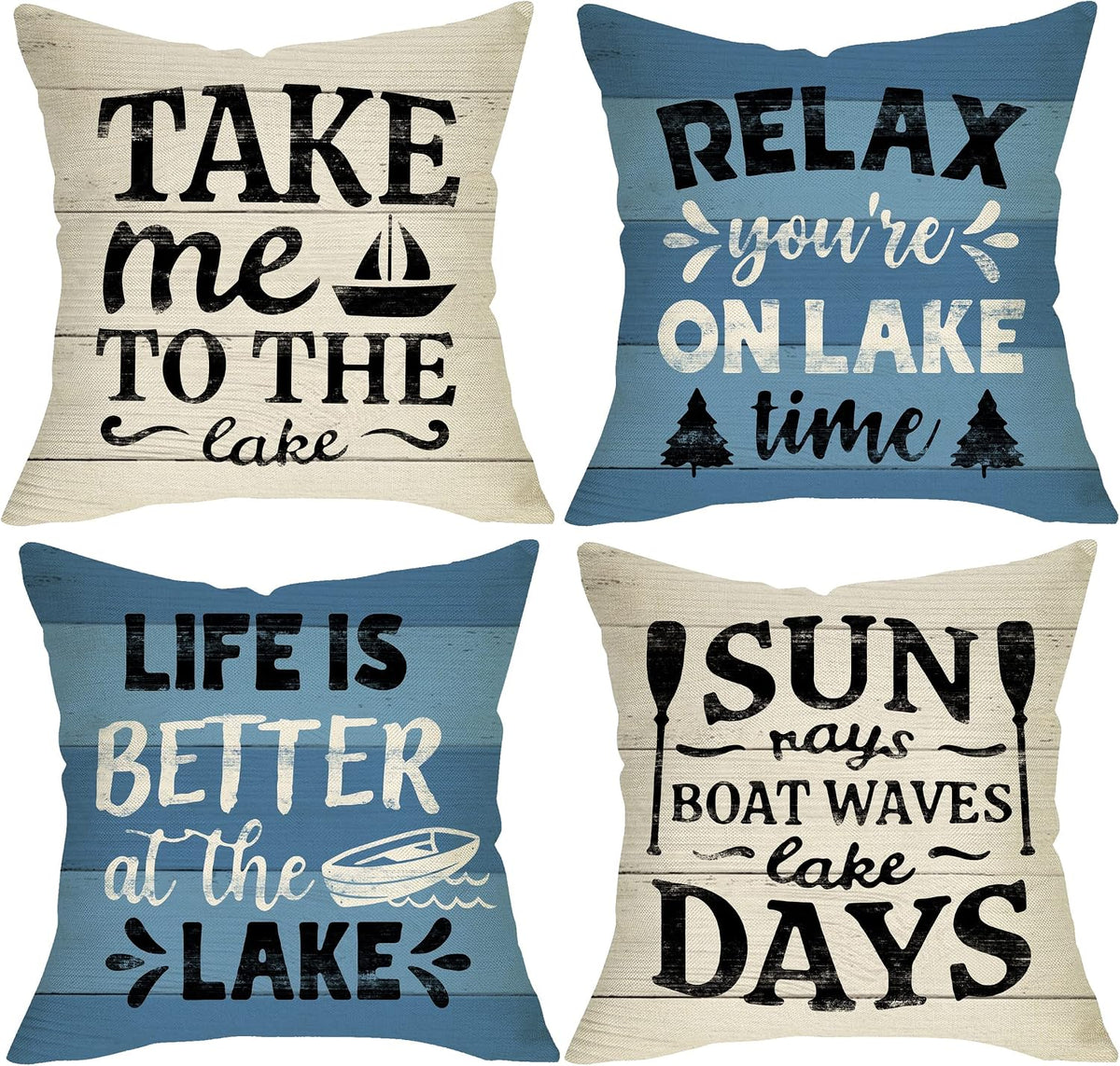 Life is Better at The Lake House Decorative 18x18 Throw Pillow Cover | Set of 4, Lakehouse Retro Paddle Boat Decoration, Summer Farmhouse Pillowcase Cushion Case Home Decor for Sofa Couch