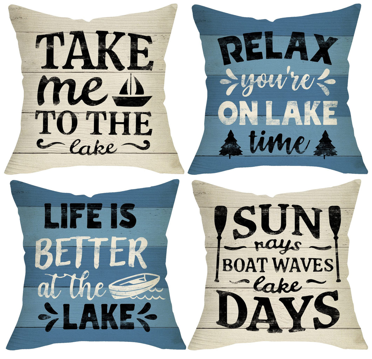 Life is Better at The Lake House Decorative 18x18 Throw Pillow Cover | Set of 4, Lakehouse Retro Paddle Boat Decoration, Summer Farmhouse Pillowcase Cushion Case Home Decor for Sofa Couch