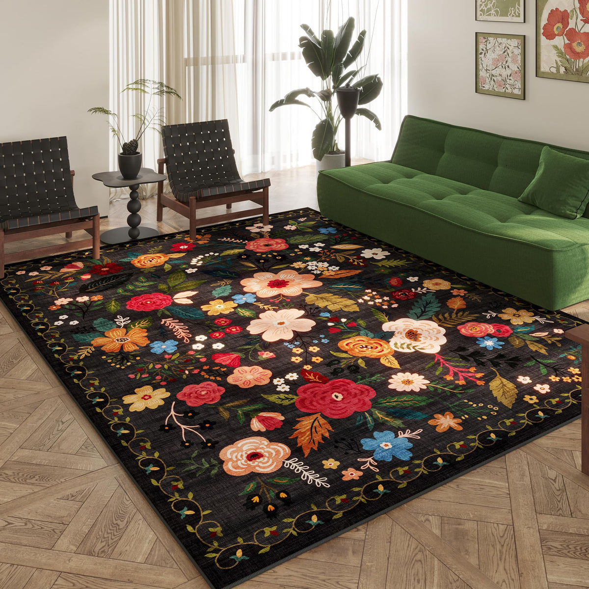 Rugcomf Living Room Rug 5x7 Rug Machine Washable Boho Area Rug Non Slip Floral Vintage Low Pile Large Rugs for Living Room, Bedroom, Farmhouse, Dining Room, Kids Playroom(Black)