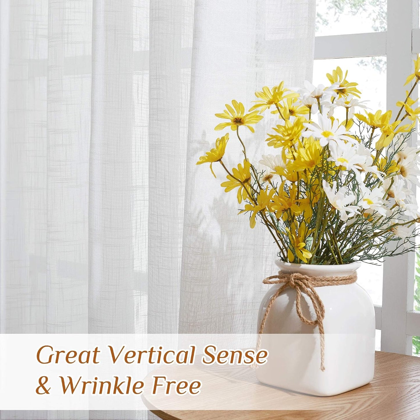 NICETOWN White Linen Sheer Curtains and Drapes 84 inches Long, Rod Pocket & Back Tab semitransparent with Light Through Vertical Window Treatments for Sliding Glass Door & Living Room, 52"W, Set of 2