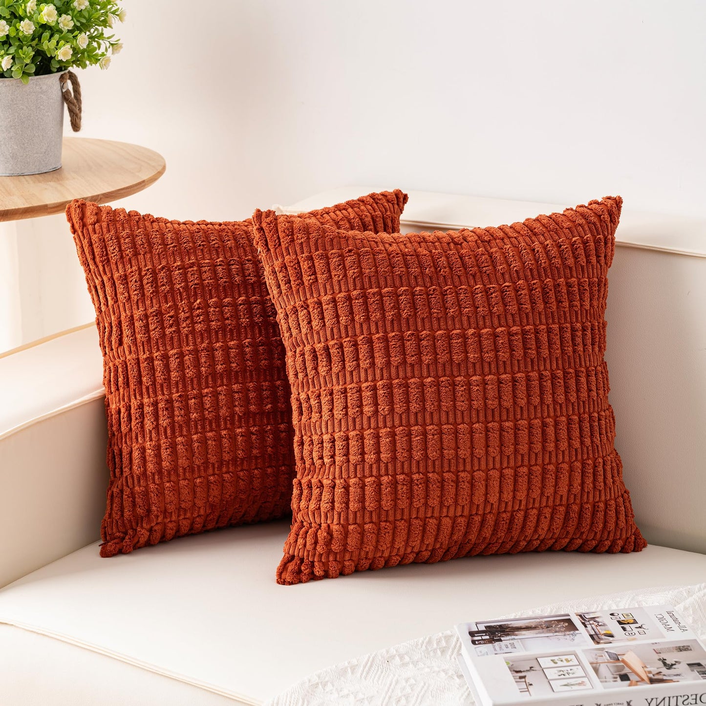 Pack of 2 Corduroy Decorative Throw Pillow Covers 18x18 Inch, Cream White | Fall Soft Striped Pillow Covers Modern Farmhouse Home Decor Christmas Throw Pillow Covers for Sofa Living Room Couch Bed ﻿