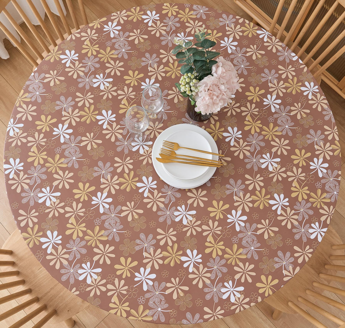 Pioggia Round Vinyl Fitted Tablecloth with Flannel Backing Elastic Table Cloth Waterproof Oil-Proof Plastic Table Cover Best for 45"-56" Round