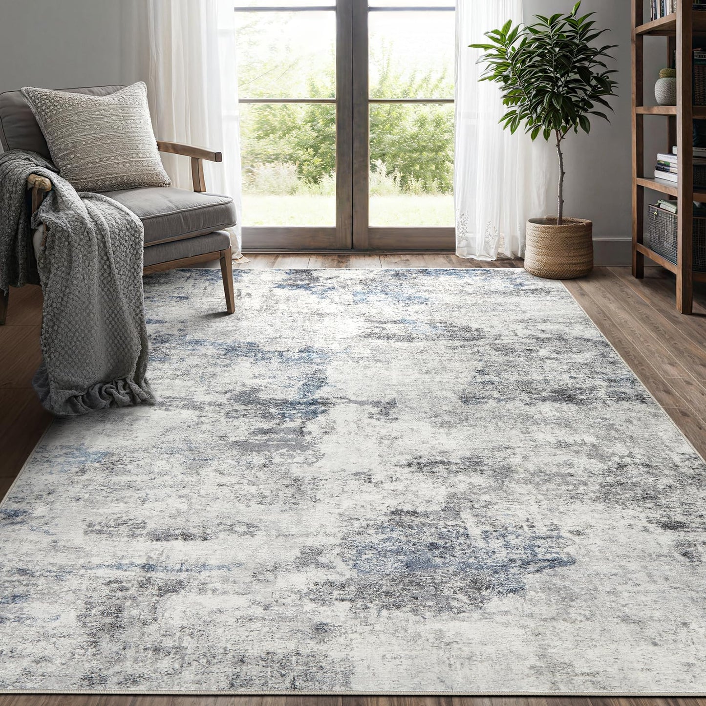 DMOYEST 8x10 Area Rug for Living Room Washable Abstract Indoor Carpet | Neutral Modern Low Pile Rugs Kid & Pet Friendly Large Soft Thin Carpet for Bedroom Dining Room - Grey Blue