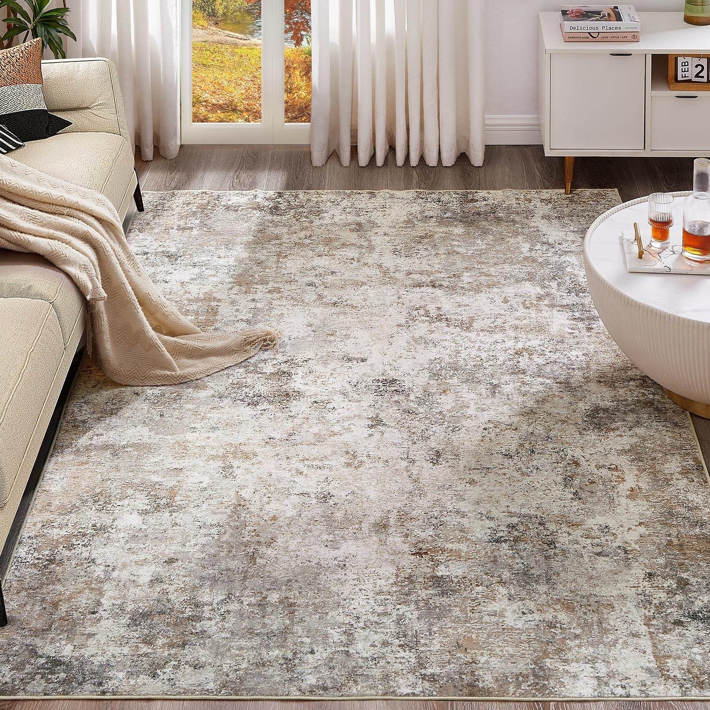 UERMEI 9x12 Area Rug Living Room Rugs - Washable Neutral Modern Abstract Soft Thin Large Rug Indoor Floor No Slip Rug Carpet for Bedroom Under Dining Table Home Office Decor - Brown Grey