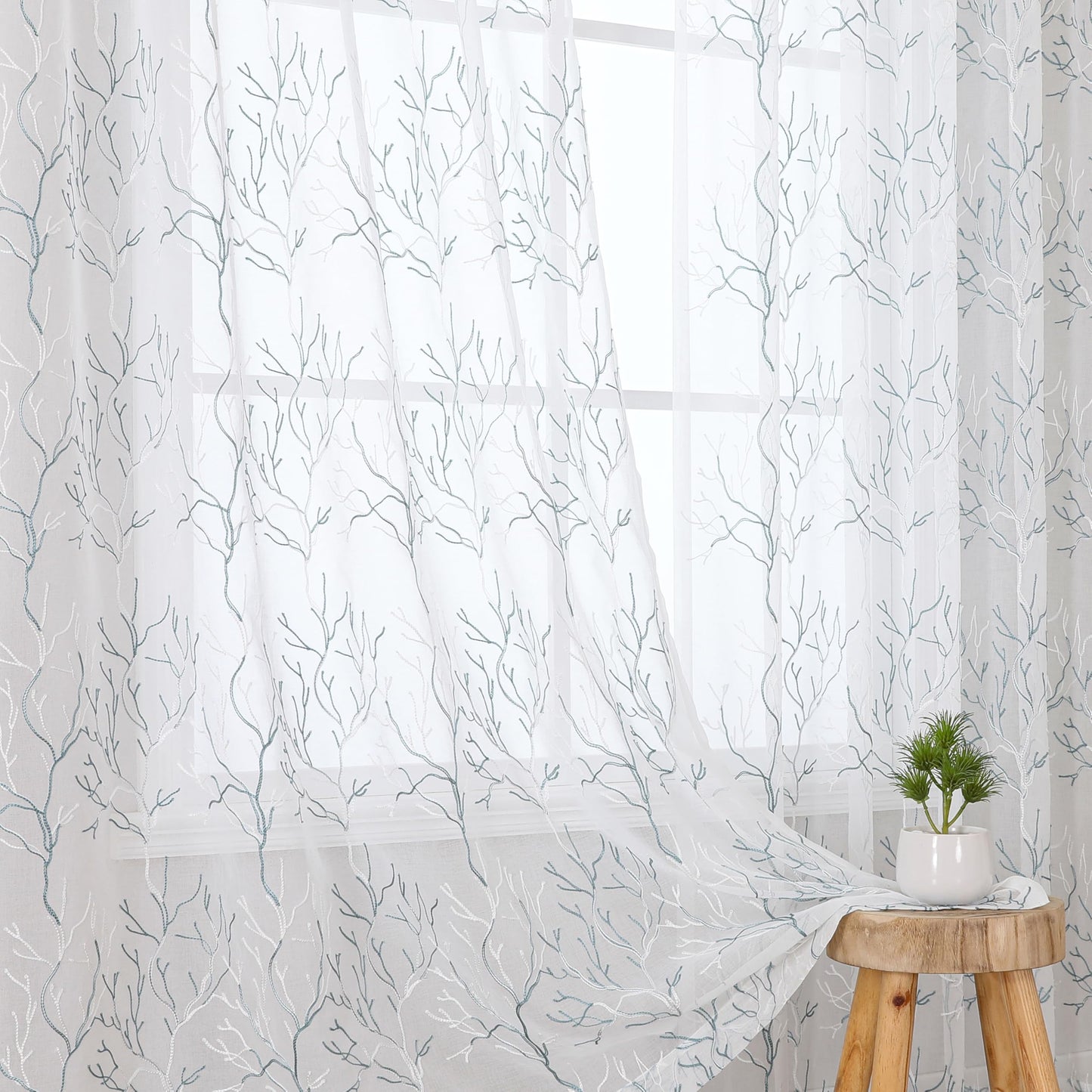 Sheer Curtains Boho Leaf Floral Embroidered Cream Beige 54Wx84L | Light Filtering Semi Sheer Voile Curtains With Design, Rod Pocket Window Drapes for Bedroom Living Room 2 Panels