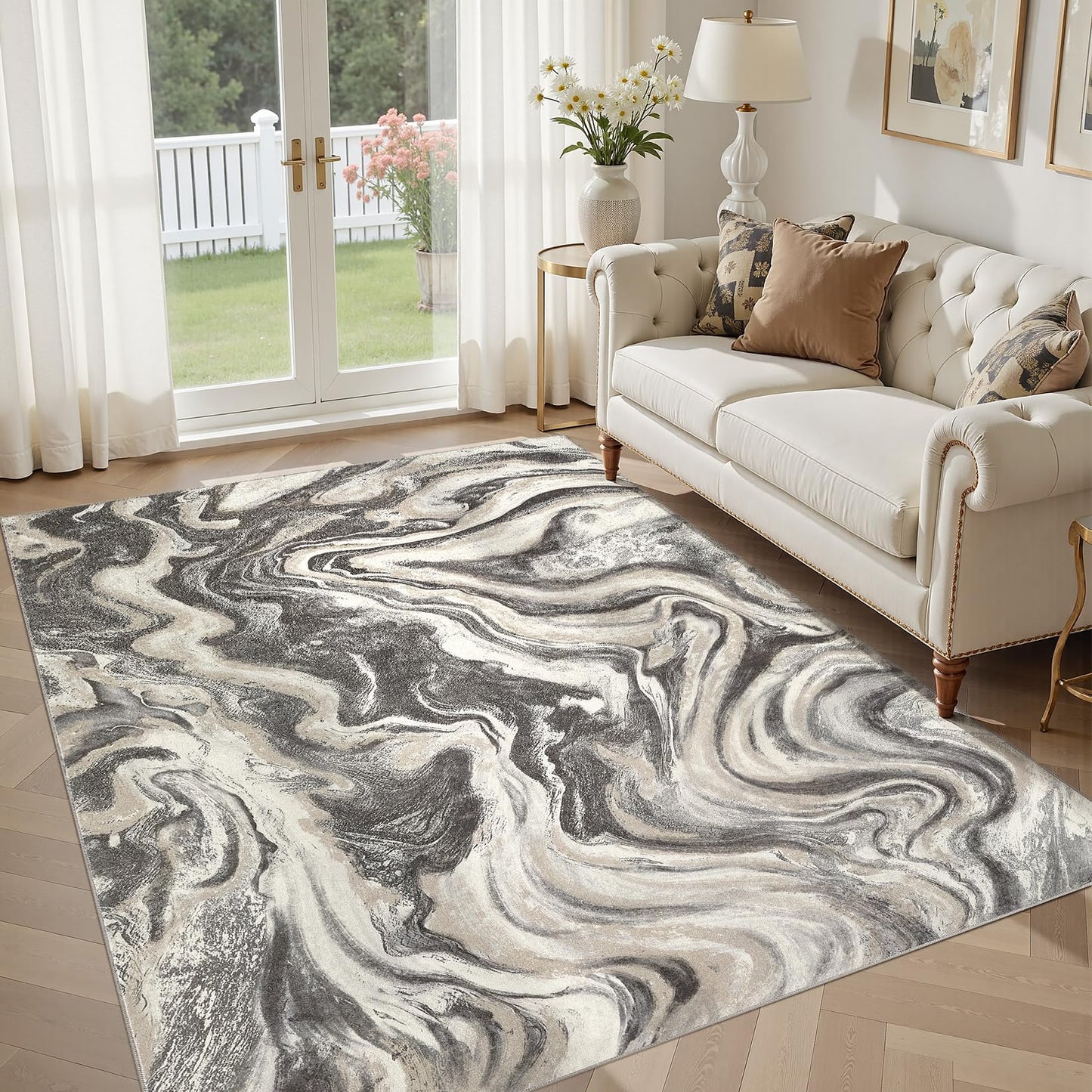 DMOYEST 8x10 Area Rug for Living Room Washable Abstract Indoor Carpet | Neutral Modern Low Pile Rugs Kid & Pet Friendly Large Soft Thin Carpet for Bedroom Dining Room - Grey Blue