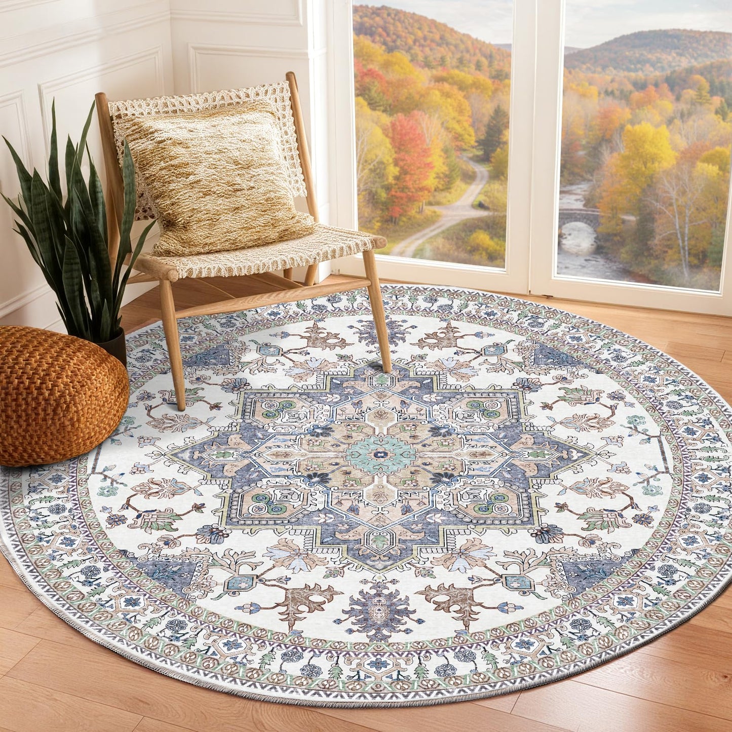 OPPODREAM Soft Area Rugs 5x7, Persian-Inspired Washable Rug, Blue & Gold | Low-Pile Faux Cashmere Surface, TPR Non-Slip Backing, 5 x 7 Carpet for Bedroom, Office, Dorm, Dining Room