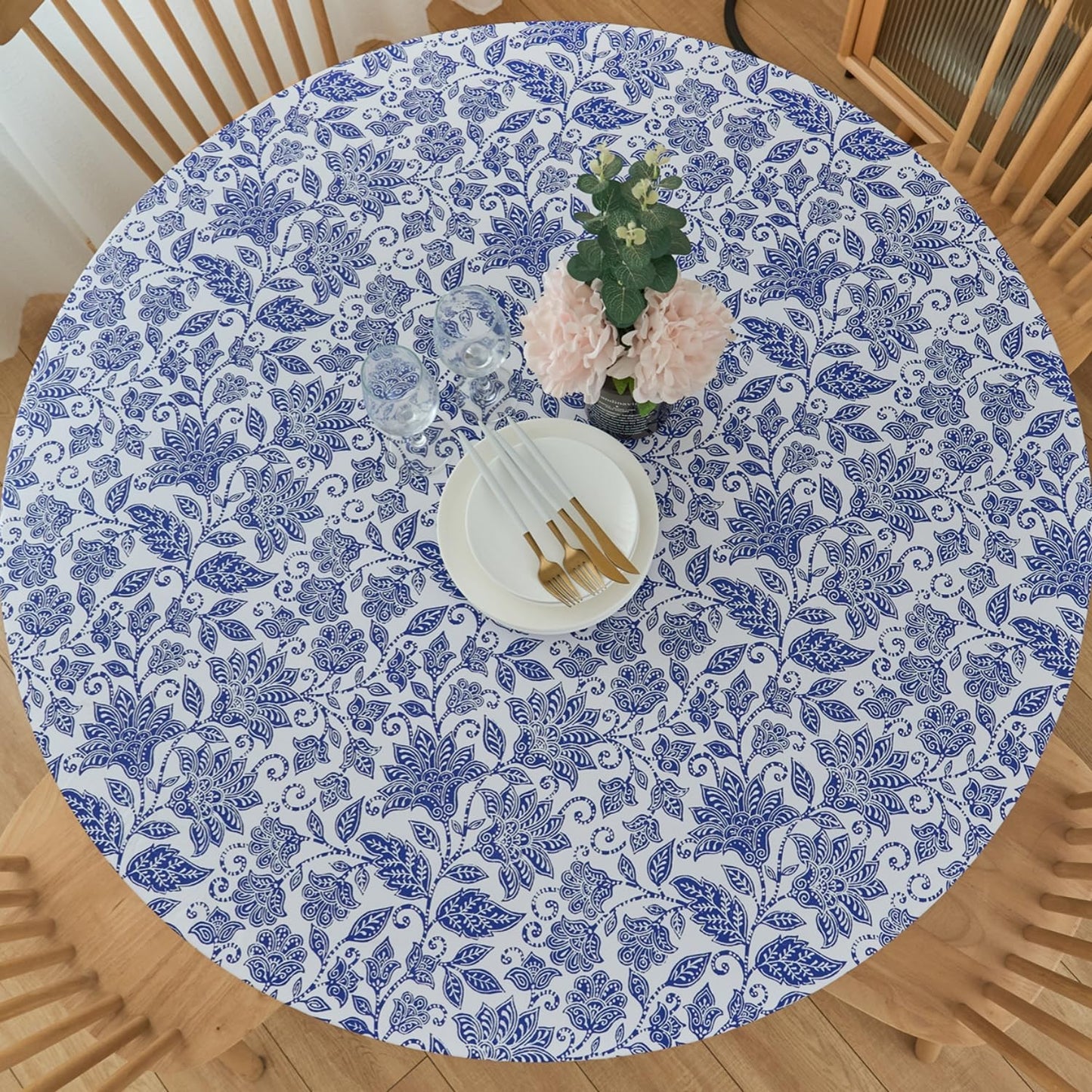 Pioggia Round Vinyl Fitted Tablecloth with Flannel Backing Elastic Table Cloth Waterproof Oil-Proof Plastic Table Cover Best for 45"-56" Round