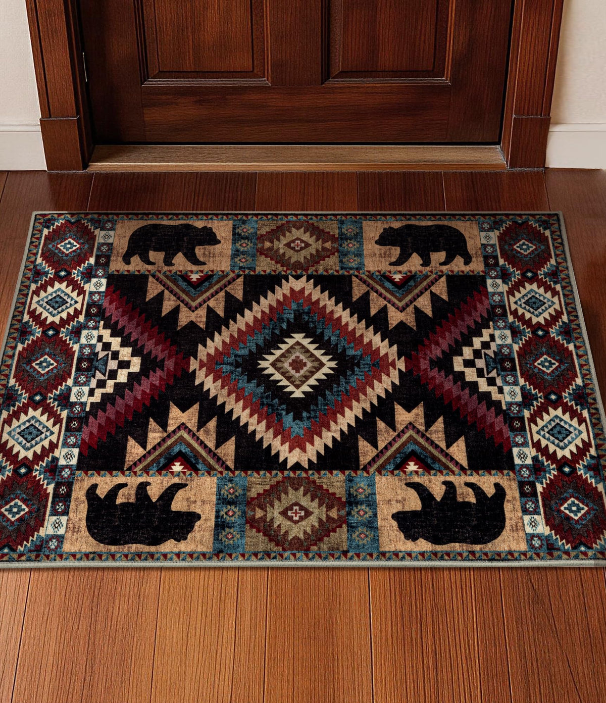 Rustic Cabin Area Rug 5x7,Machine Washable Lodge Bear Rug,Non-Slip Low Pile Print Pattern Southwestern Rug for Living Room Bedroom