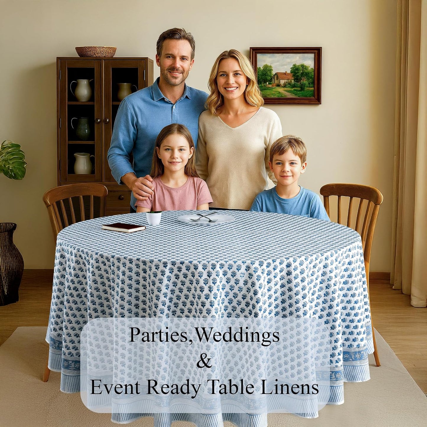 CPC Apatite Blue Block Print Cotton Handmade Round Tablecloth 110 Inch Decorative Table Cover for Home Decor, Dinning, Festive, Wedding, Farmhouse Gift for Spring, Mother's Day