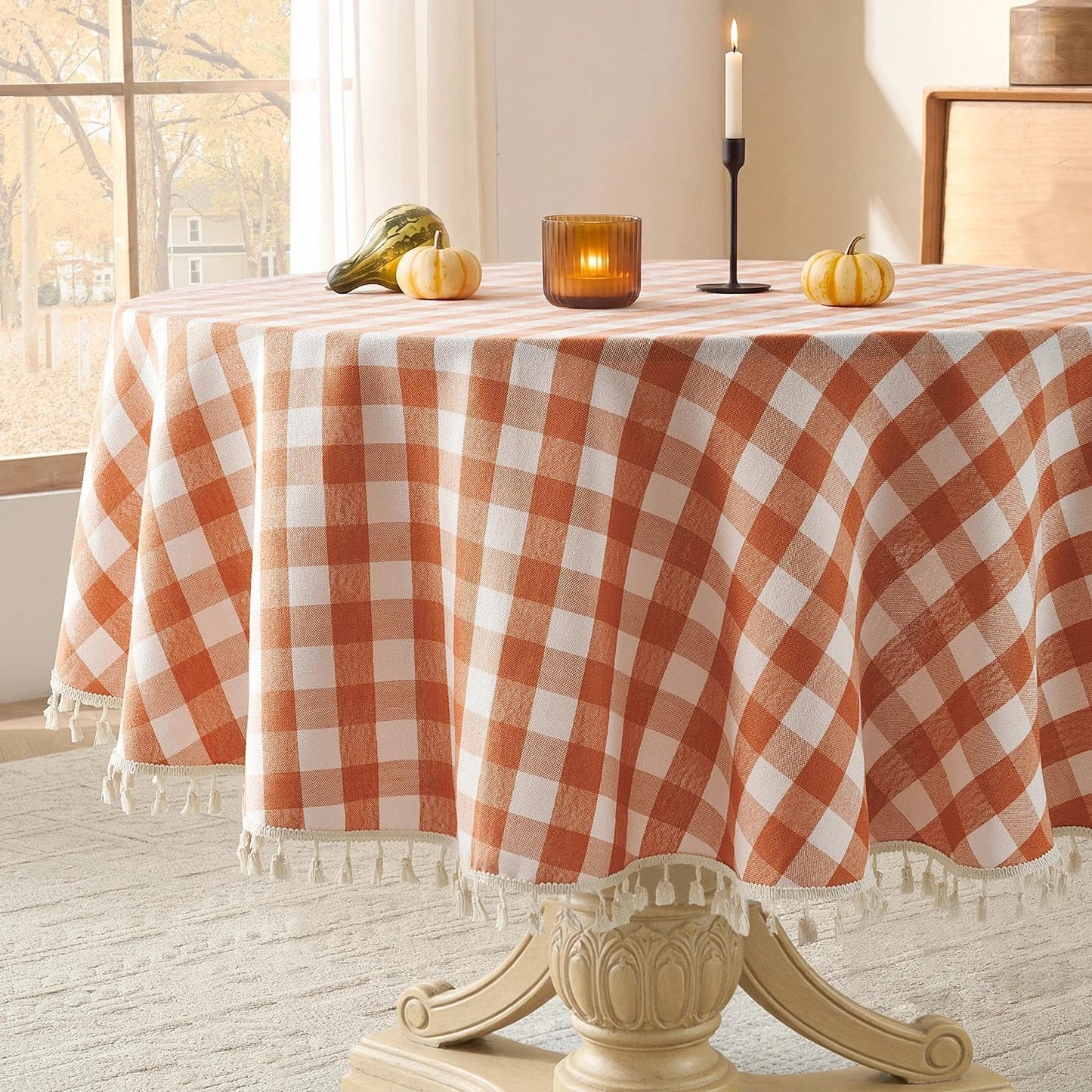 Softalker Outdoor Checkered Tablecloth, Linen Cotton Gingham Table Cloths for 6 Foot Rectangle Tables with Tassel, Heavy Duty Wrinkle Free Plaid Table Cover for Picnic Camping - 55 x 84 Inch, Sage