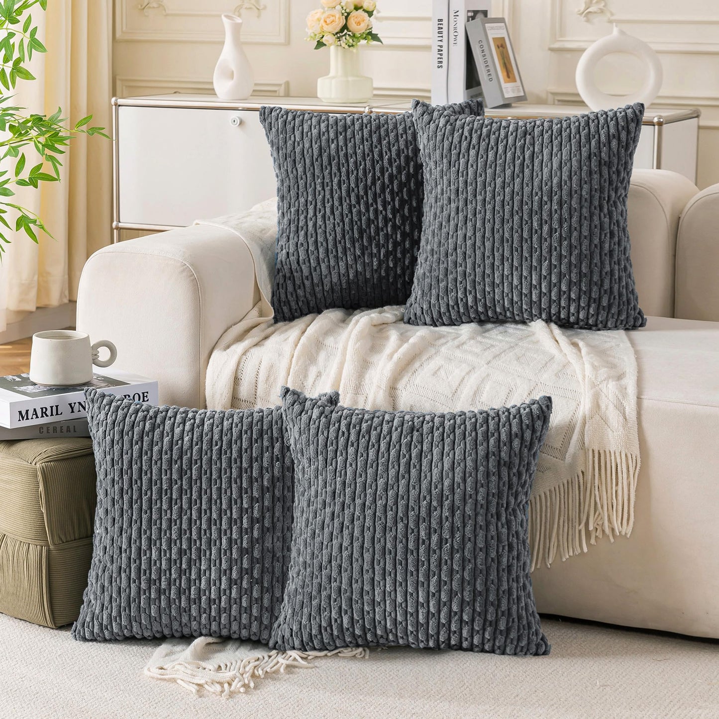 Set of 4 Neutral Decorative Throw Pillow Covers 18x18 Inch Corduroy Pillow Covers for Bed Couch Sofa Living Room Soft Square Cushion Cases