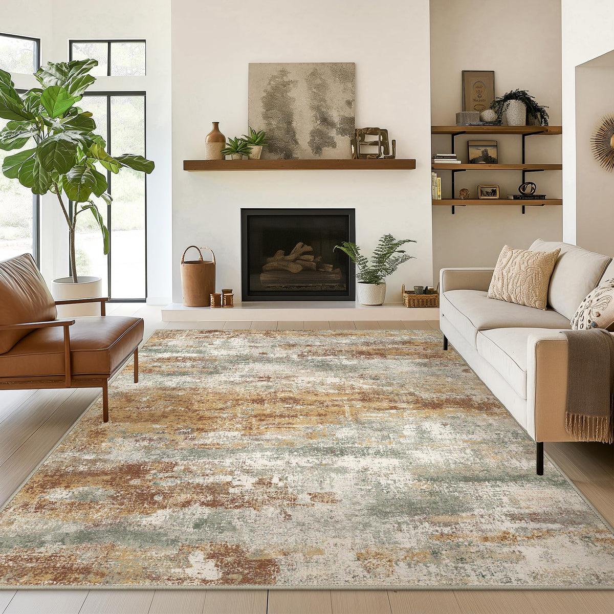 BEIMO 5x7 Green Abstract Area Rug, Washable Non-Slip for Bedroom | Soft Low-Pile Carpet, Lightweight and Easy to Vacuum, Sage Living Rooms, Dining Rooms, Bedrooms, and Home Offices
