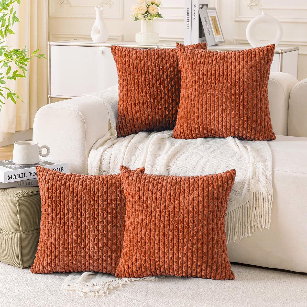 Set of 4 Neutral Decorative Throw Pillow Covers 18x18 Inch Corduroy Pillow Covers for Bed Couch Sofa Living Room Soft Square Cushion Cases