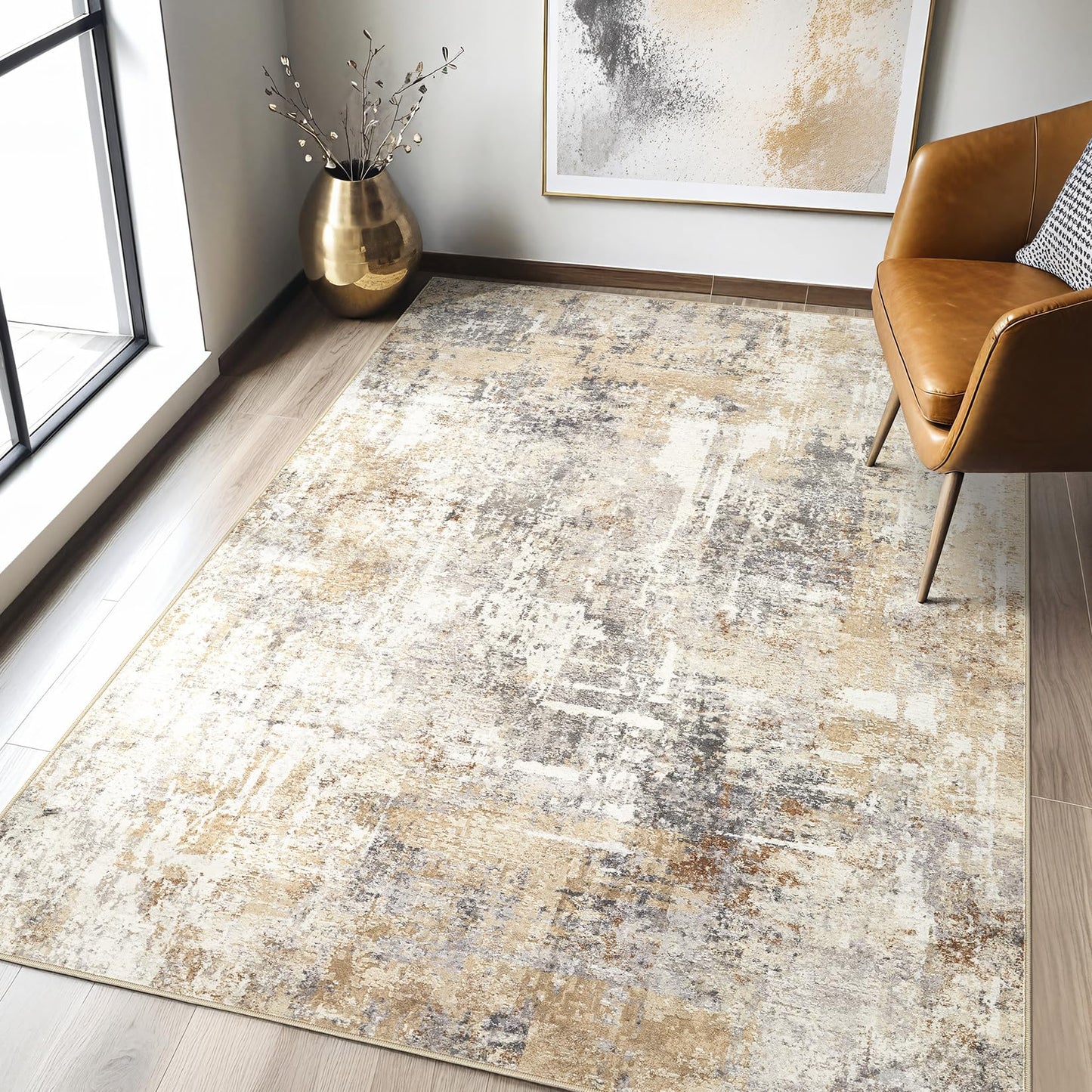 LOONGRUG Area Rug 5x7 Washable Neutral Modern Abstract Living Room Rugs | Soft Stain Resistant Non-Slip Indoor Carpet for Bedroom Nursery Playroom Dining Room Office Dorm Home