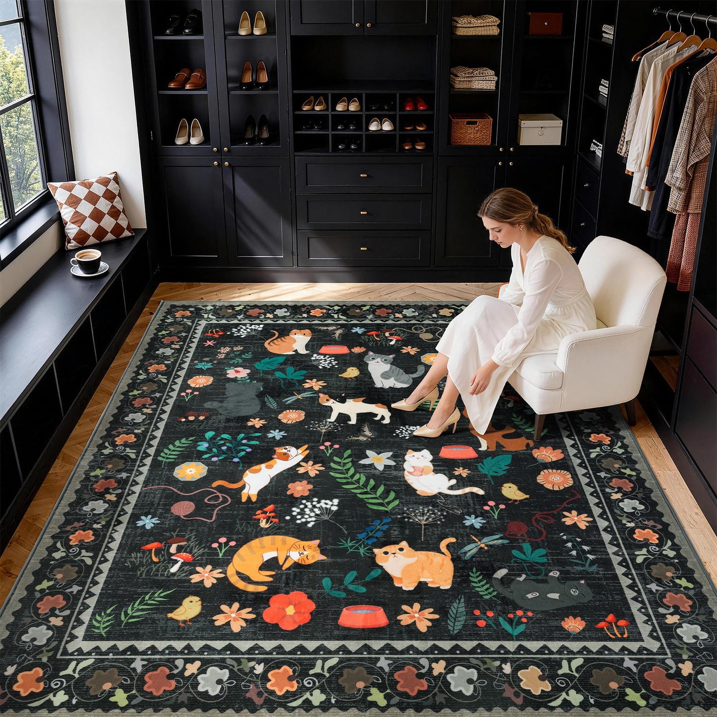 8x10 Washable Area Rug, Black Solid Area Rugs for Living Room & Bedroom | Stain-resistant & Non-slip backing,Low Pile Washable Large Carpet, Solid Vintage Style For High Traffic Areas(8x10,Black)