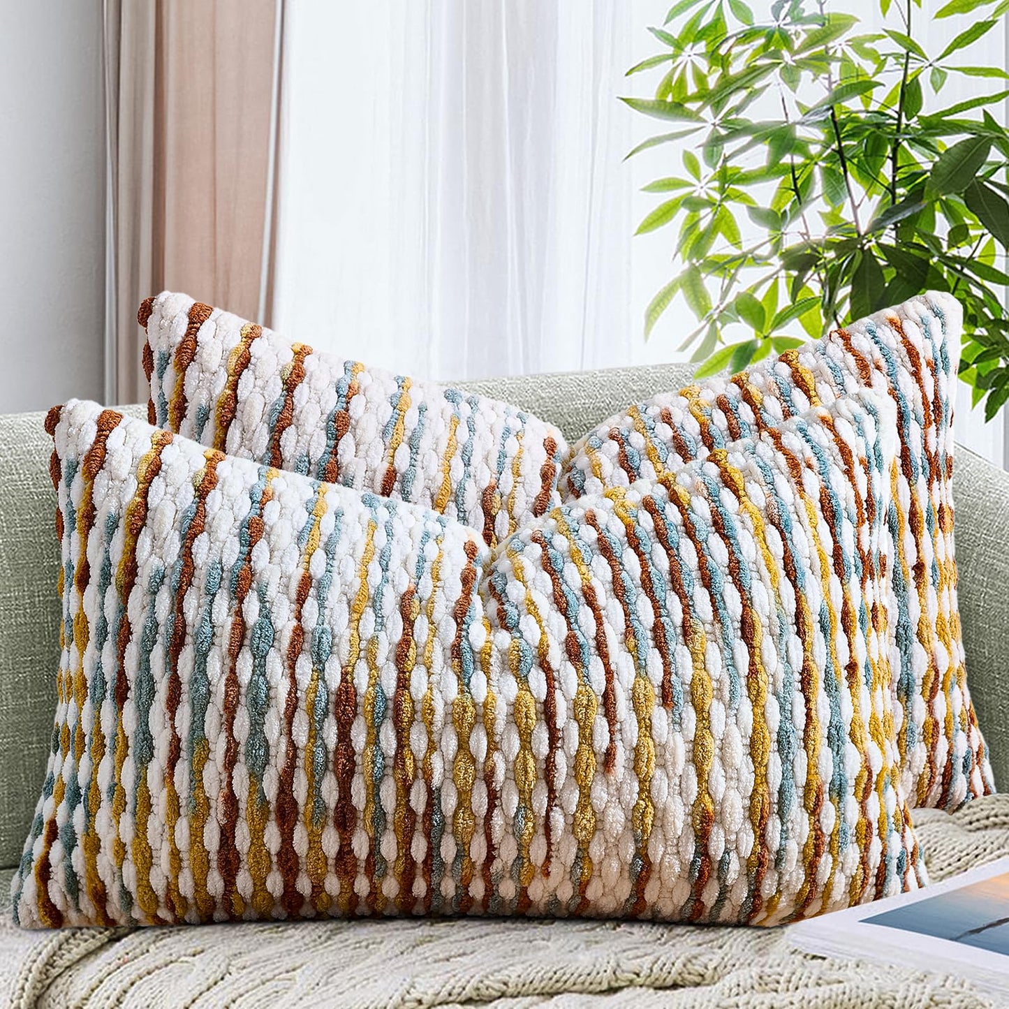 Set of 2 Boho Chenille Pillow Cover Decorative Tufted Pillowcase for Couch Bed Sofa Bedroom Living Room Modern 18 x 18-Inch Brown