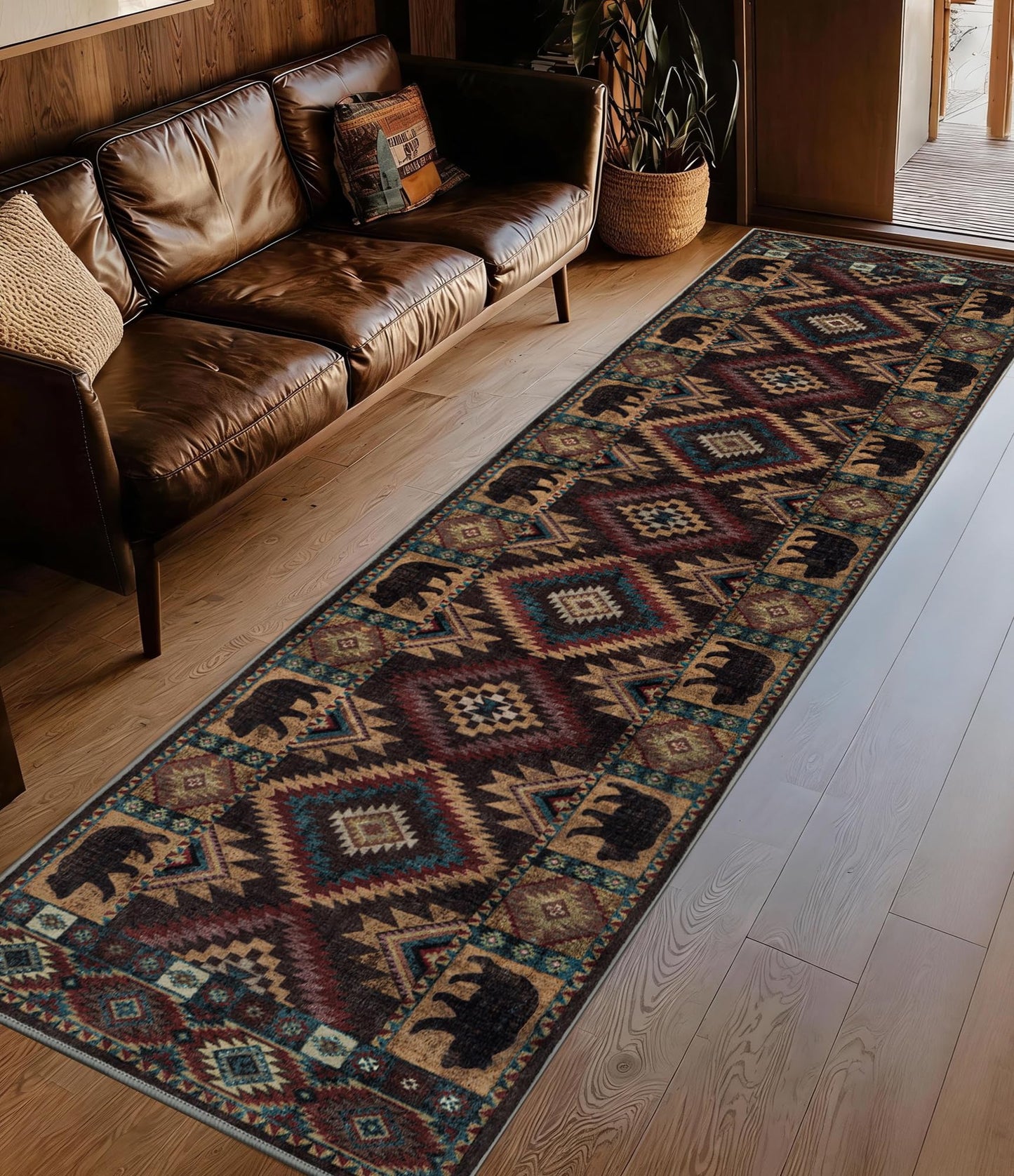 Rustic Cabin Area Rug 5x7,Machine Washable Lodge Bear Rug,Non-Slip Low Pile Print Pattern Southwestern Rug for Living Room Bedroom