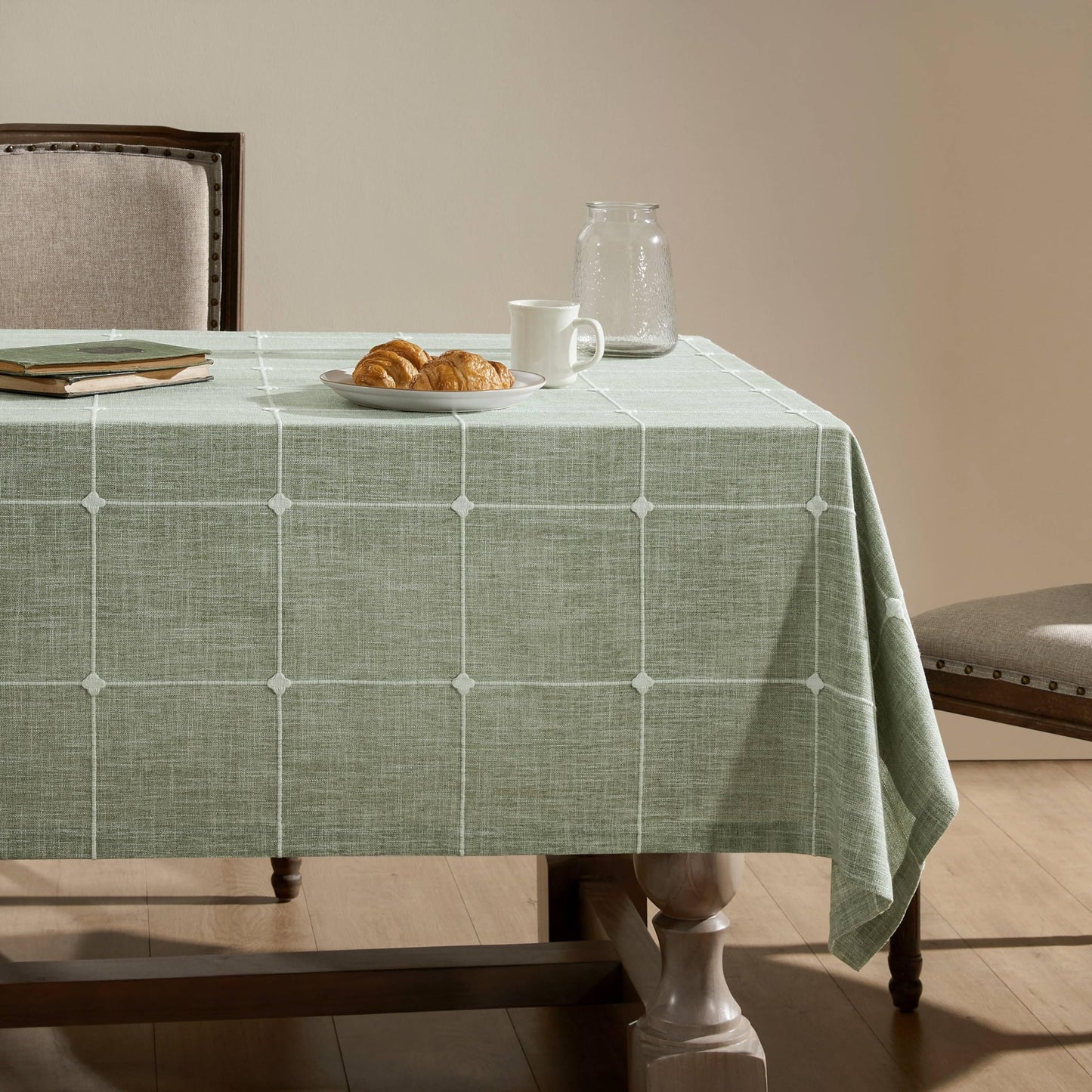 Grid Embroidered Rectangle Hemmed Tablecloths 60x120in, Blue | Heavy Weight Non-sheer Linen Fabric, Mitered Corner Finish, Water Resistant Farmhouse Table Cover, Boho Plaid Home Decor