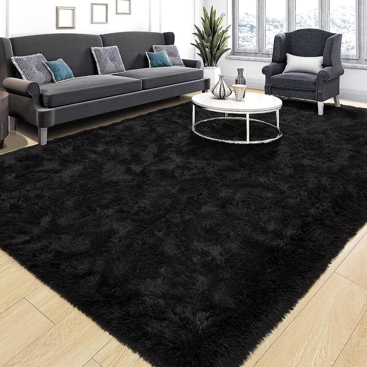 Area Rugs 9x12 for Living Room, Super Soft Fluffy Rugs for Bedroom | Modern Shaggy Rug Fuzzy Carpets for Kids, Plush Indoor Nursery Home Decor Rug with Non-Slip Bottom, Black