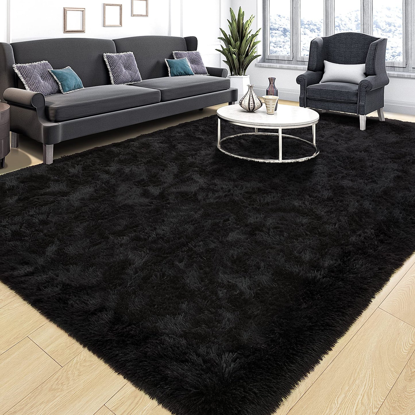 Area Rugs 9x12 for Living Room, Super Soft Fluffy Rugs for Bedroom | Modern Shaggy Rug Fuzzy Carpets for Kids, Plush Indoor Nursery Home Decor Rug with Non-Slip Bottom, Black