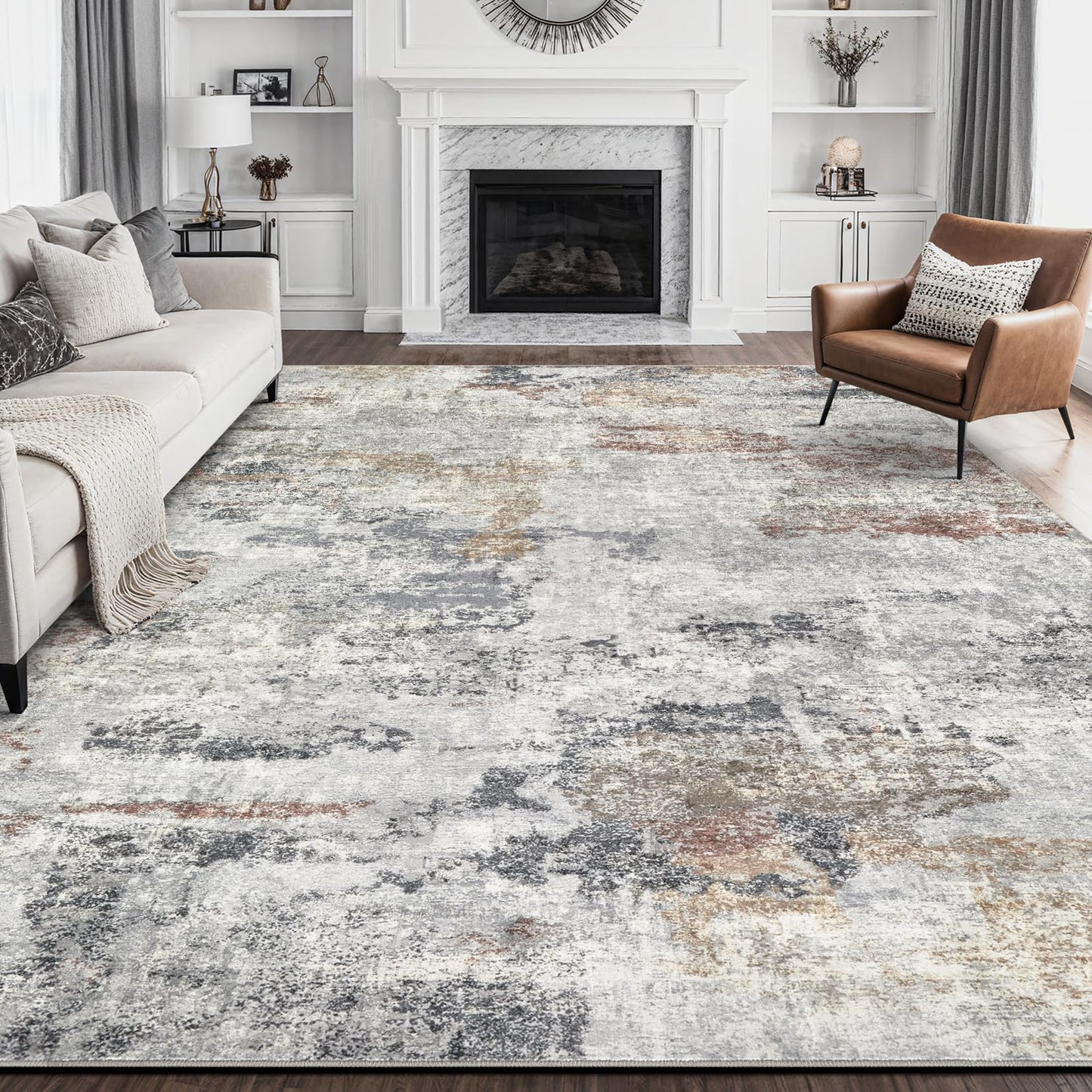 DMOYEST 8x10 Area Rug for Living Room Washable Abstract Indoor Carpet | Neutral Modern Low Pile Rugs Kid & Pet Friendly Large Soft Thin Carpet for Bedroom Dining Room - Grey Blue